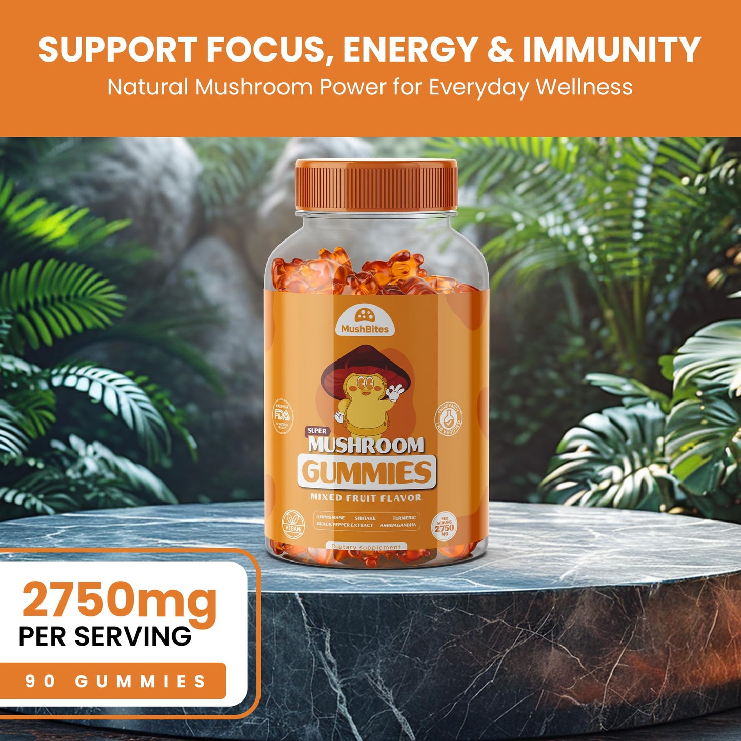MushBites Organic Lions Mane Mushroom Gummies, 90 Count