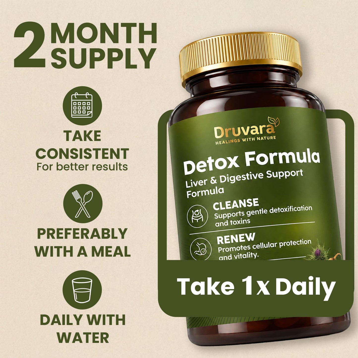 Druvara Detox Capsules with Milk Thistle, Dandelion Root & Herbal Blend, Natural Liver Detox Supplement, Digestion & Energy Support, 60 Capsules