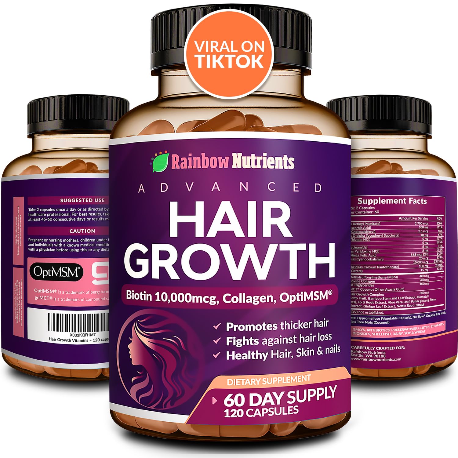 Rainbow Nutrients, LLC Hair Growth Vitamins for Women Biotin 10,000mcg, Collagen, OptiMSM, goMCT, Saw Palmetto - 120 Capsules