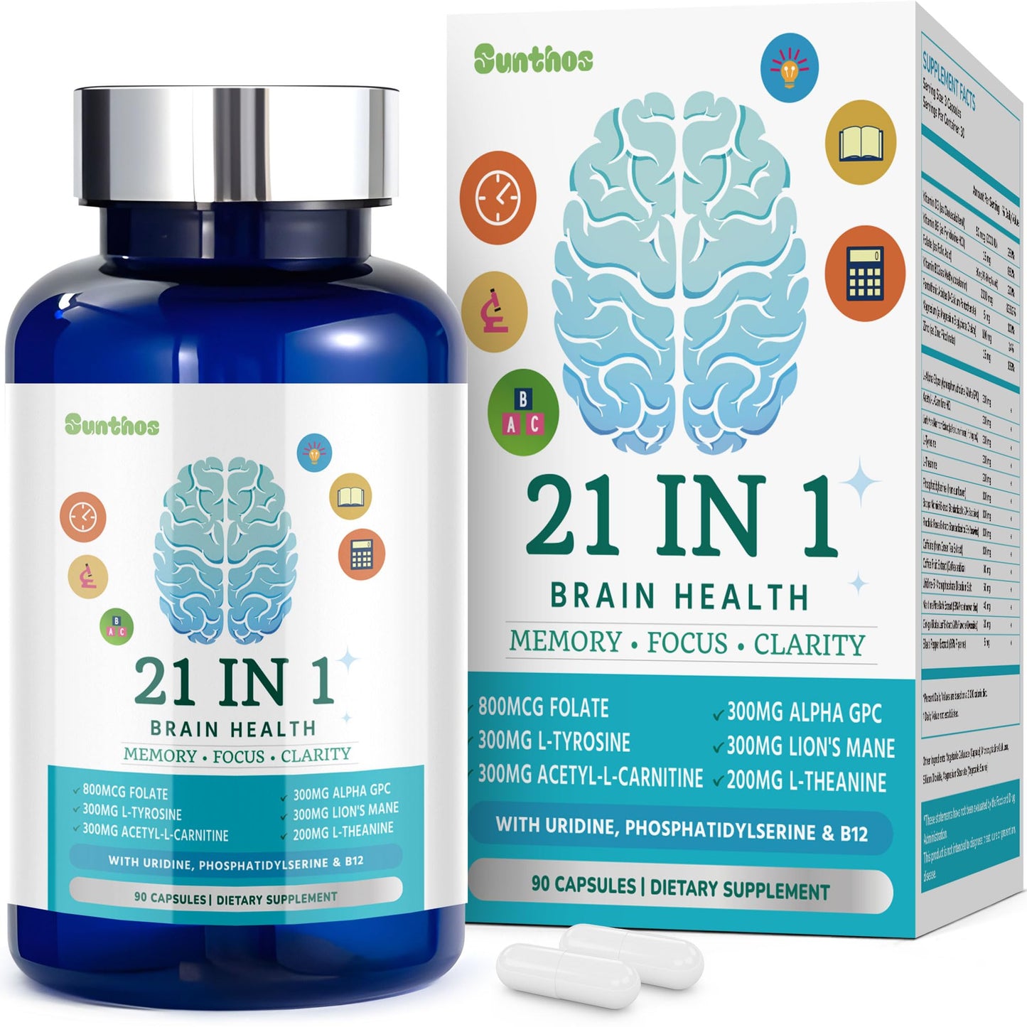 Sunthos Brain Supplements for Memory and Focus, 21-in-1 Brain Supplement for Mental Alertness, Cognitive with 300mg Alpha-GPC, 300mg Lion’s Mane, L-Theanine, Phosphatidylserine, Vitamins B6 B12, 90 Capsules