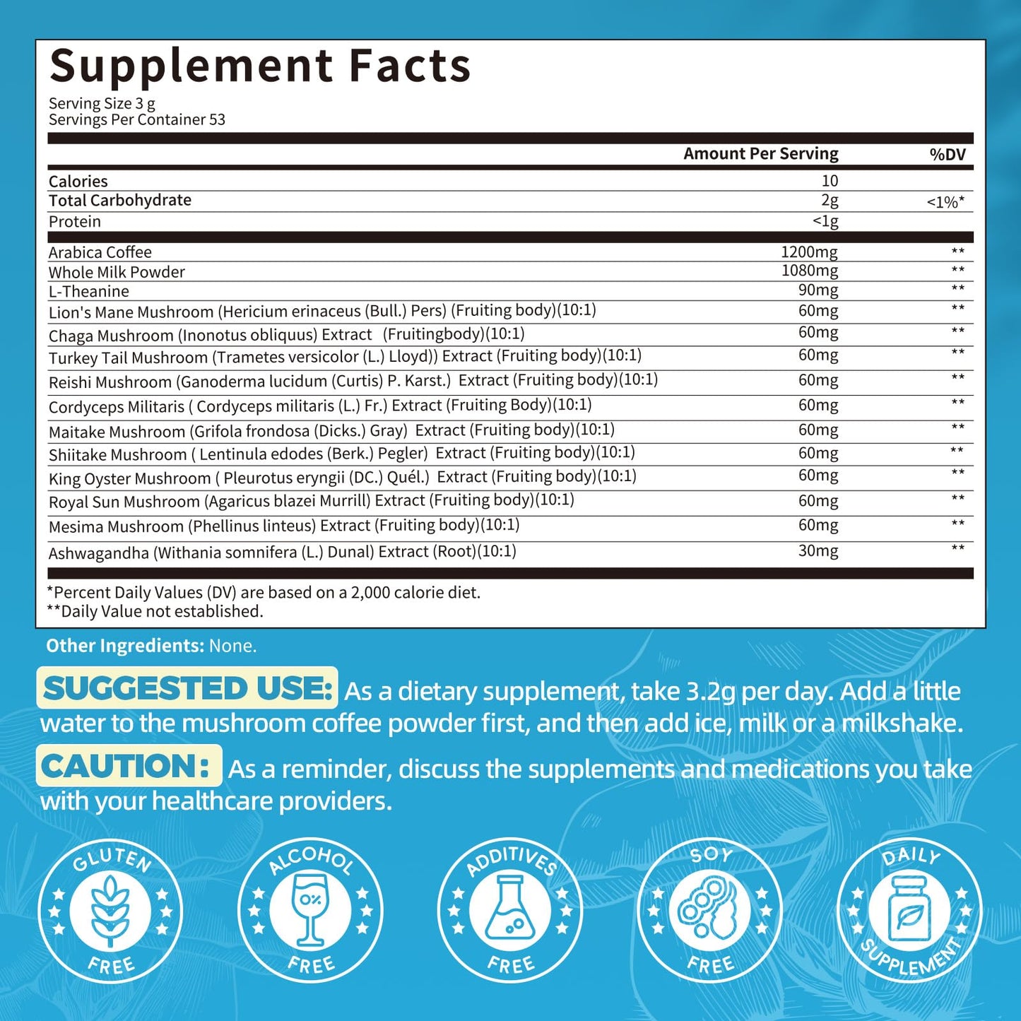 Catfit Instant Mushroom Coffee Powder, 10-in-1 Adaptogen Blend with Lion's Mane, Chaga & Cordyceps for Energy, Focus, Gut Health & Immune Support, 5.5 Ounce, 52 Servings