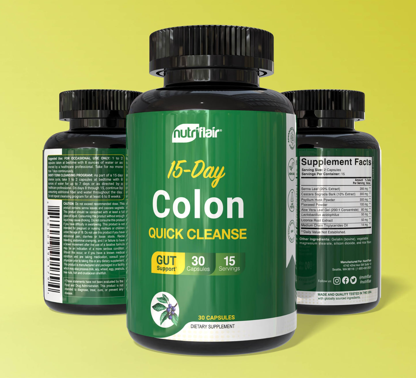 NutriFlair Colon Cleanse – 15 Day Advanced Gut Detox with Cascara Sagrada, Senna Leaf, Psyllium Husk & Probiotics 30 Capsules