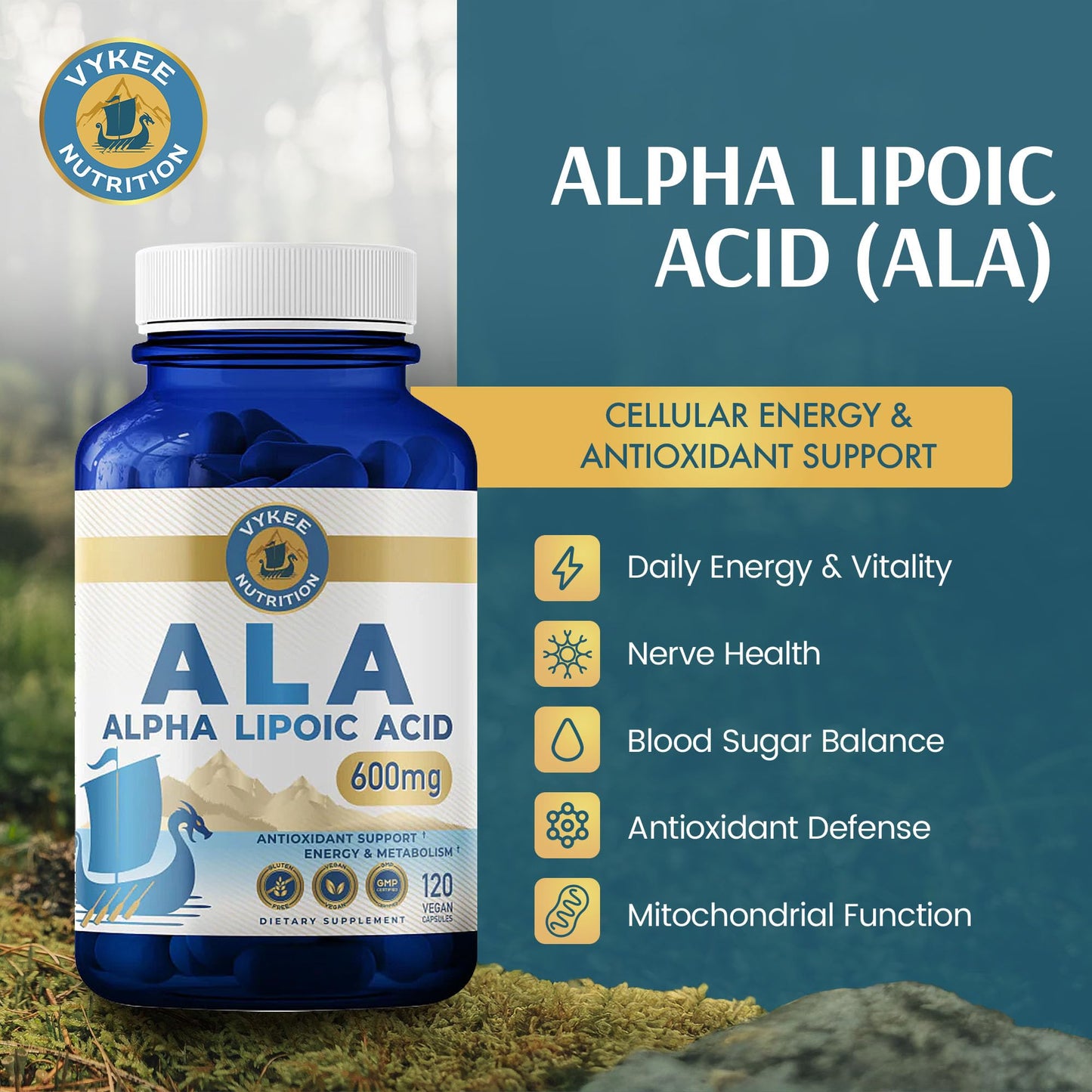 Vykee Nutrition Alpha Lipoic Acid 600 mg Capsule, 120 Count