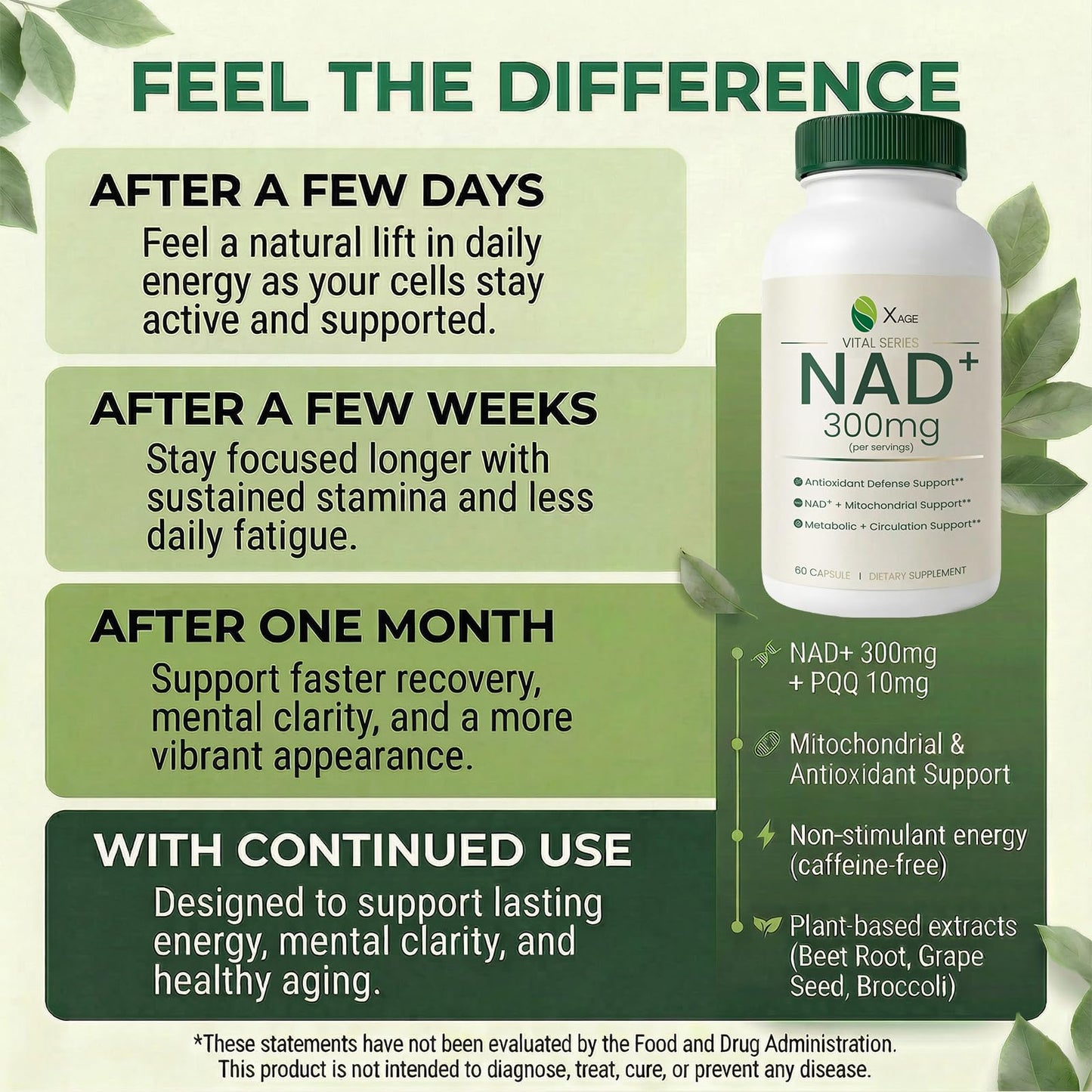 XAGE NAD+ Supplement with PQQ, Quercetin & EGCG for Cellular Energy Capsule, 60 Count