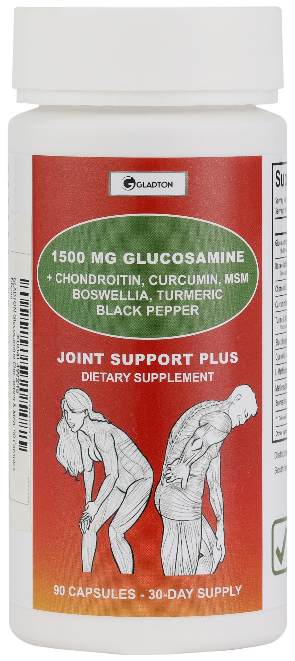 GLADTON Glucosamine Chondroitin MSM Curcumin Turmeric Boswellia Joint Support Capsules 90