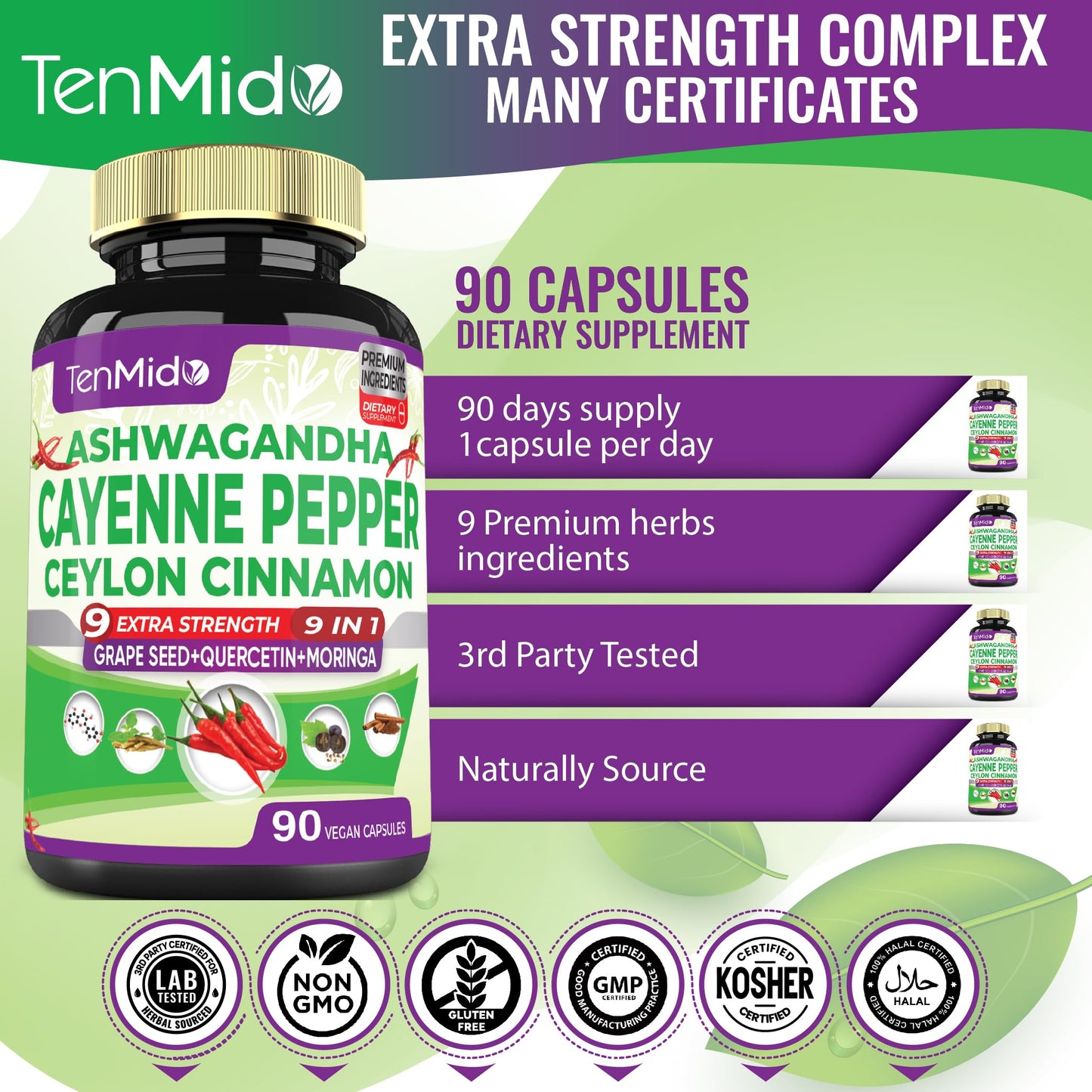Tenmido Cayenne Pepper Supplements Capsules, 90 Count