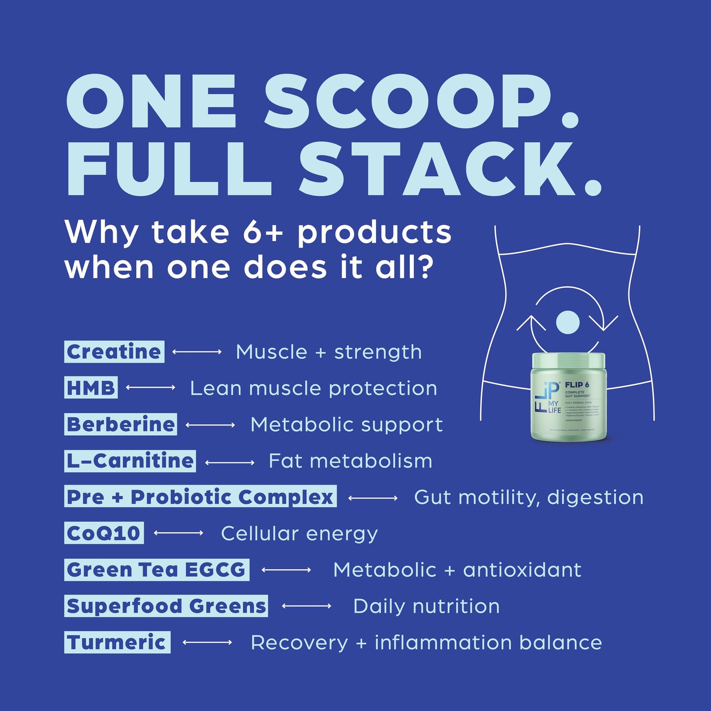 Flip My Life FLIP 6 Gut Health Powder – Complete Gut Support, 30 Servings