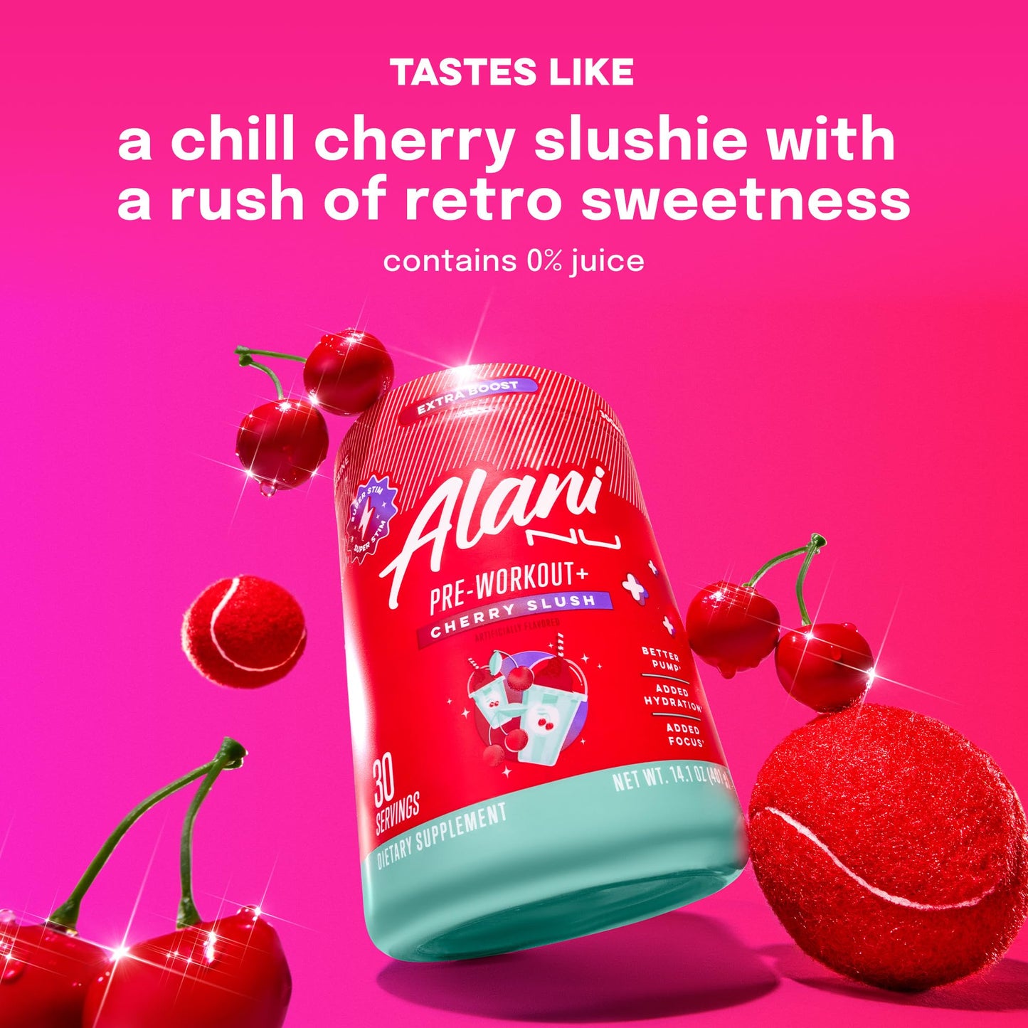 Alani Nu Pre Workout+ Powder Cherry Slush, Extra Boost, Sugar Free, 300mg Caffeine, L-Theanine, Beta-Alanine, Citrulline, 30 Servings, 13.8 Ounce