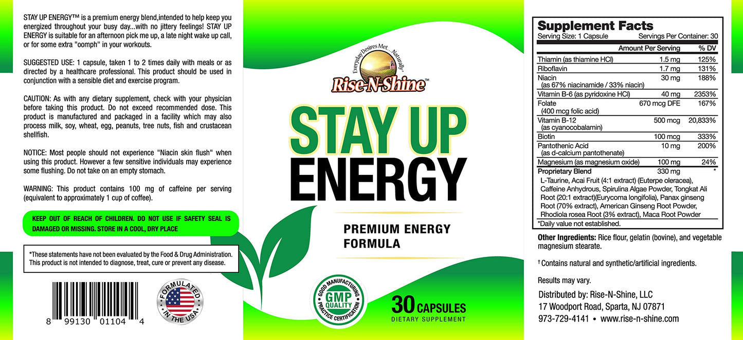 Rise-N-Shine Stay Up Energy Vitamins with Vitamin B6, Vitamin B12, Caffeine Anhydrous & More - Energy Supplement for Women and Men - 30 Capsules