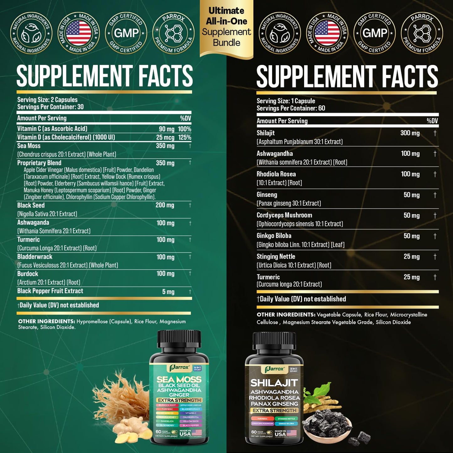 Parrox Shilajit & Sea Moss Bundle, Black Seed Oil & Ashwagandha, Dynamic Vitality Capsules 120