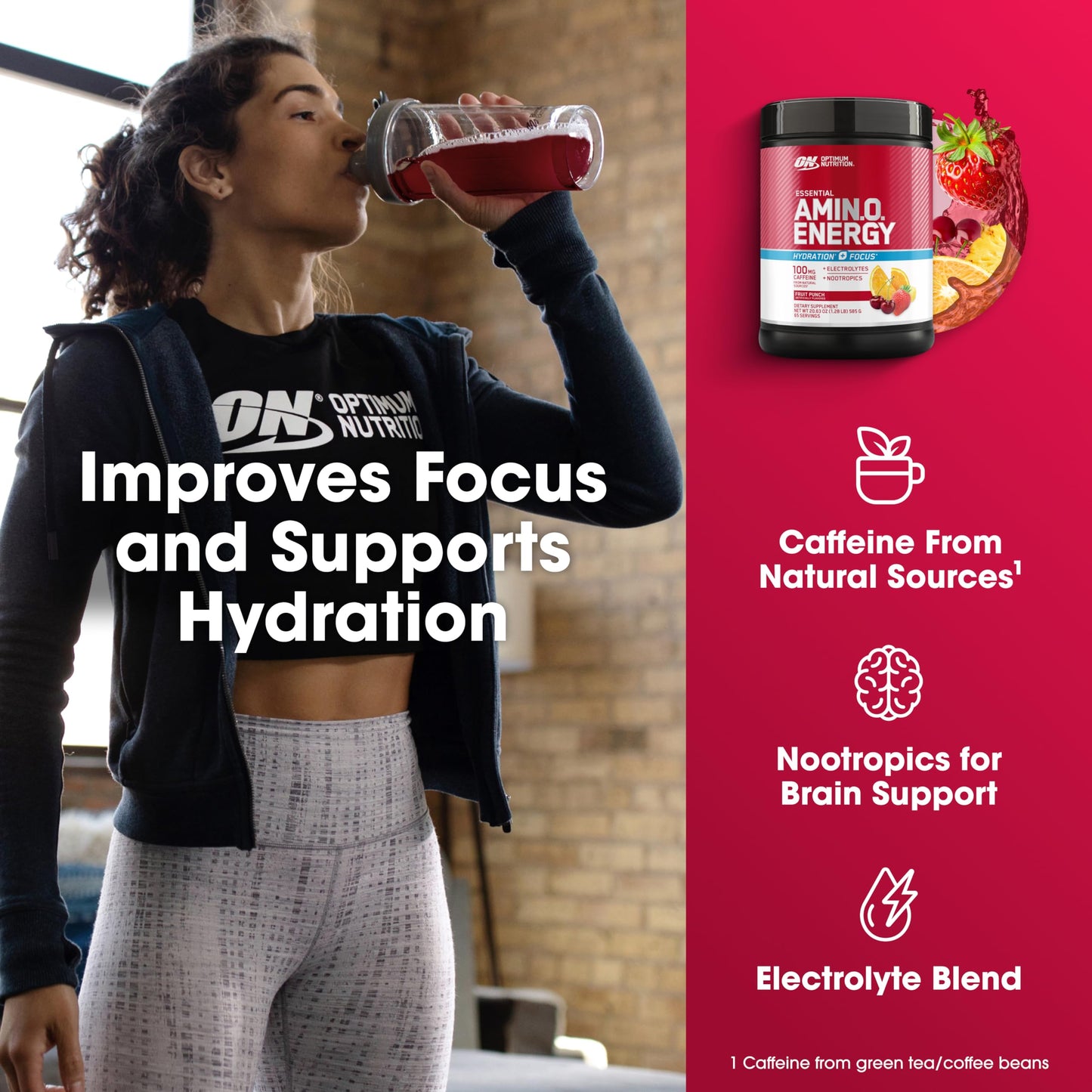 Optimum Nutrition Amino Energy Powder Plus Focus with BCAA, Electrolytes, and Caffeine, Fruit Punch, 65 Servings