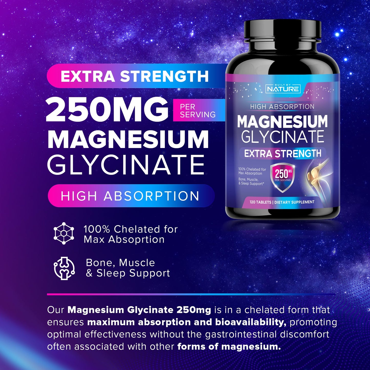 Built by Nature Magnesium Glycinate 250mg Tablet, 120 Tablets