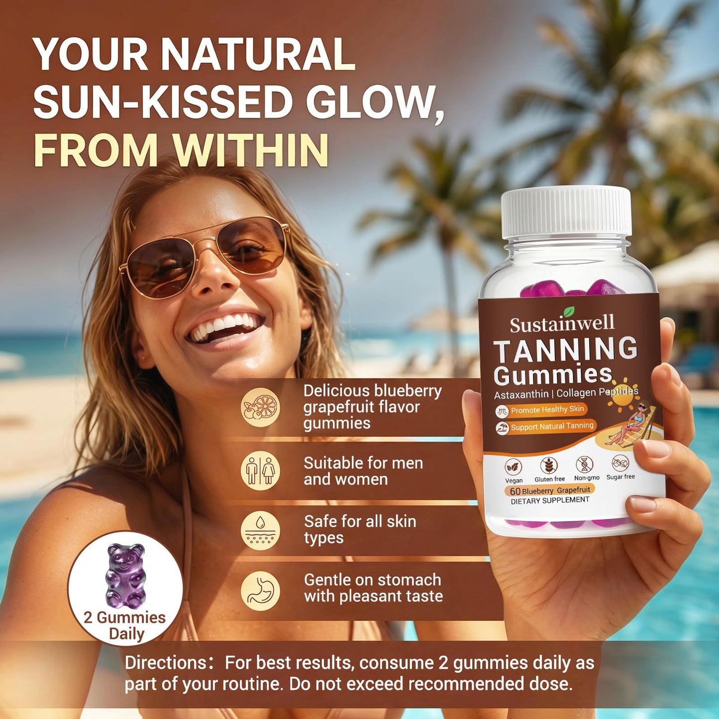 SustainWell Tanning Gummies with Astaxanthin & Collagen 60 Gummies