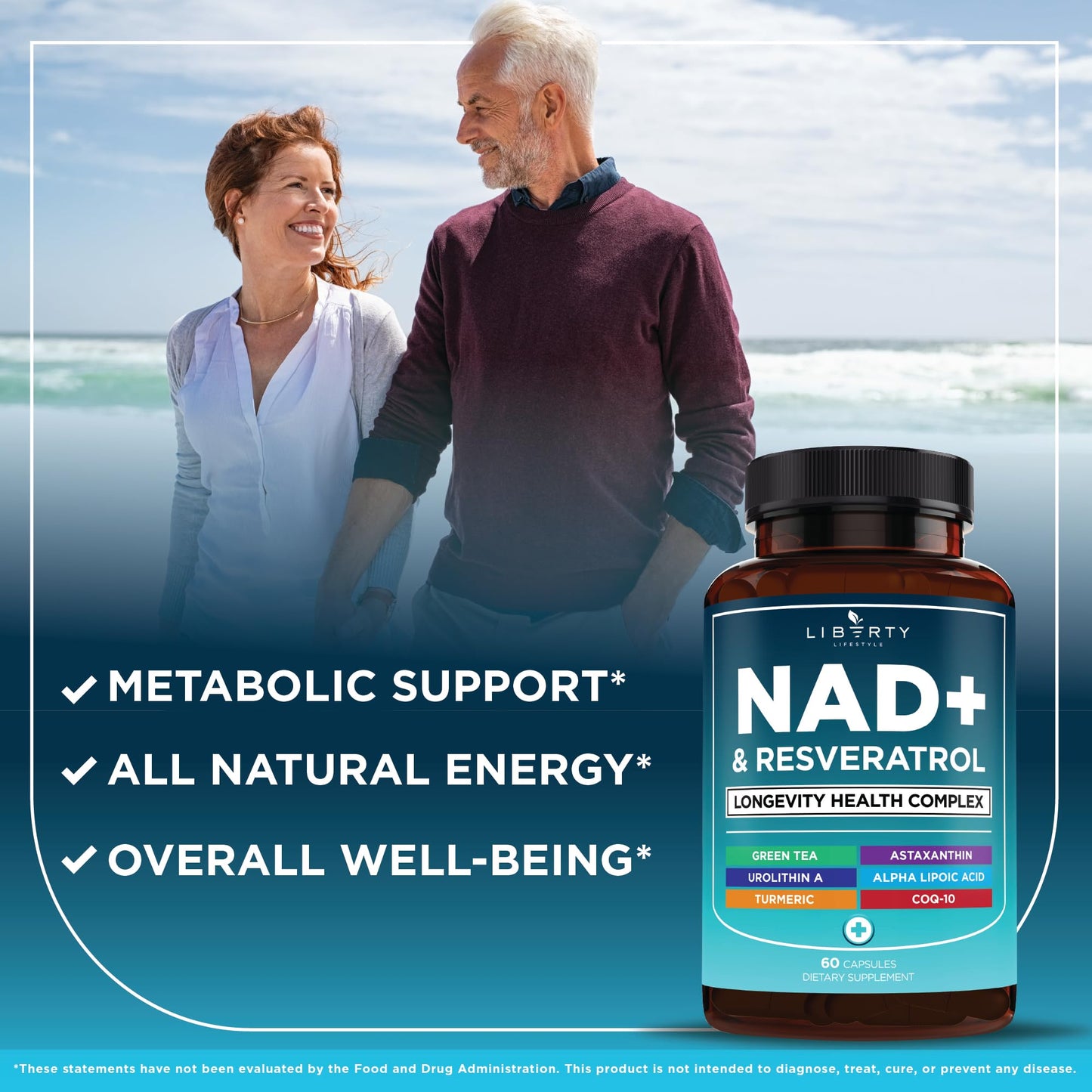 Liberty Lifestyle NAD+ Supplement Complex – NAD+ 300 mg with Astaxanthin, Urolithin A, Resveratrol, CoQ10 & Antioxidant Blend, Cellular Energy & Mitochondrial Support, Vegan, Non-GMO, 180 Capsules