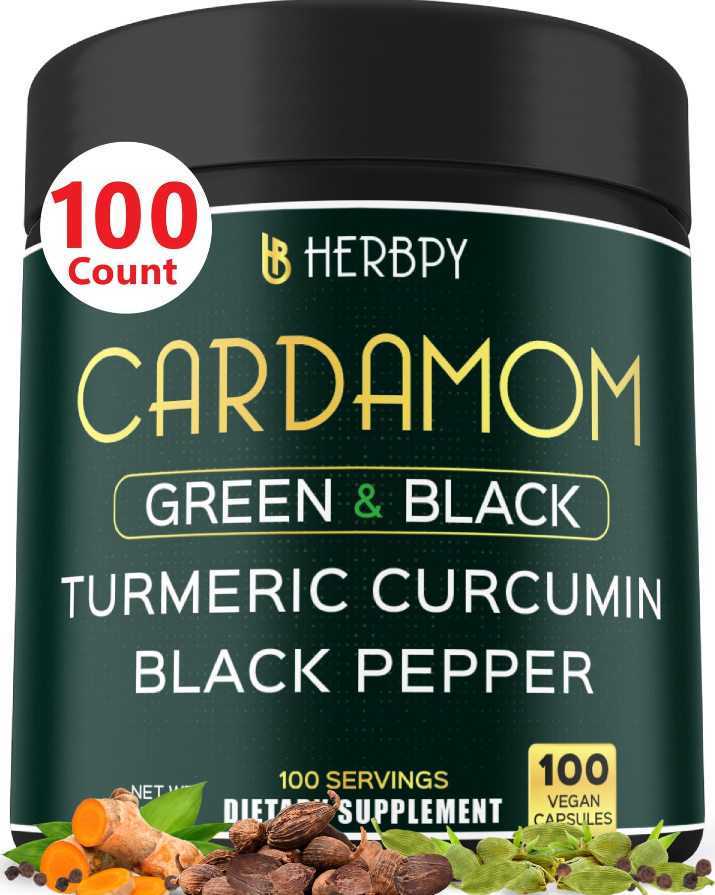 Herbpy 4in1 Cardamom Supplement - Green & Black Cardamom Seeds with Turmeric & Black Pepper – Digestive Health & Natural Wellness Capsules 100