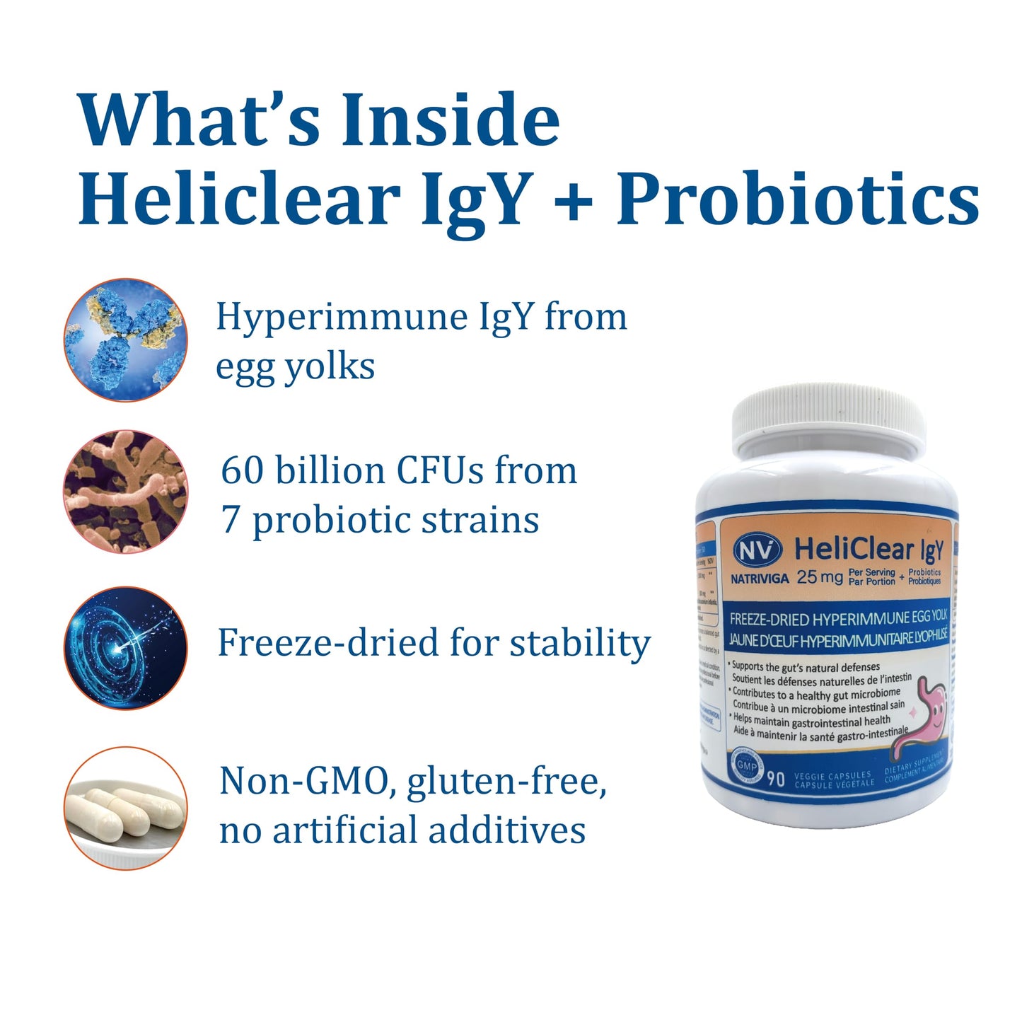 NATRIVIGA Heliclear IgY Immunoglobulins + Probiotics – Dual-Action Formula for Premium Immune & Gut Health Support – Freeze-Dried Hyperimmune Egg Yolk Extract with 60 Billion CFU, 90 Capsules