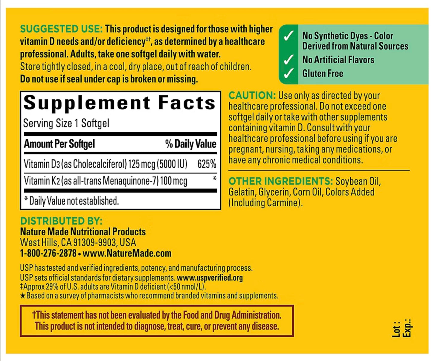 Nature Made Vitamin D3 K2, 5000 IU (125 mcg) Vitamin D, 90 Softgels