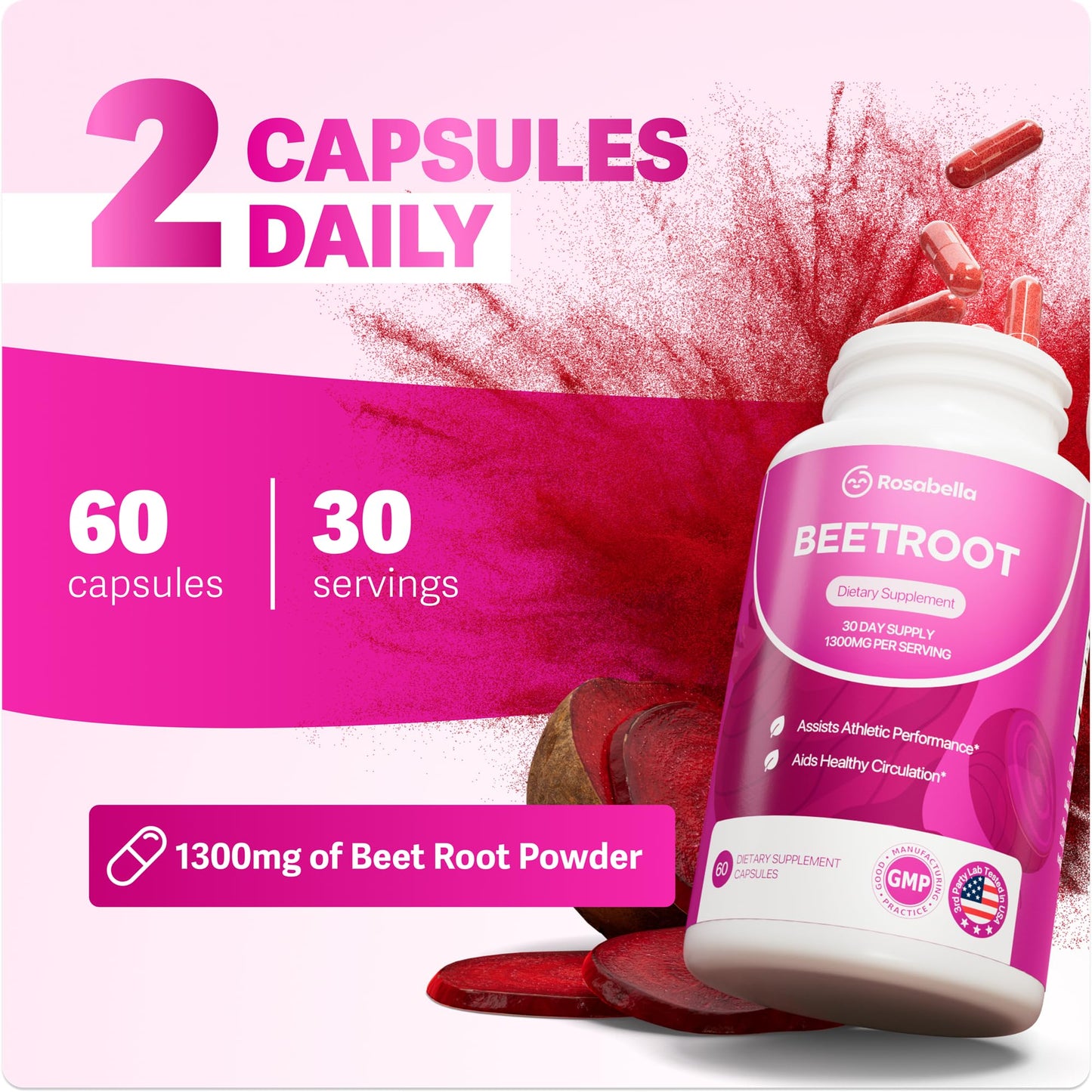 Rosabella Beet Root Capsules 1300mg Beet Root Powder, 60 Capsules