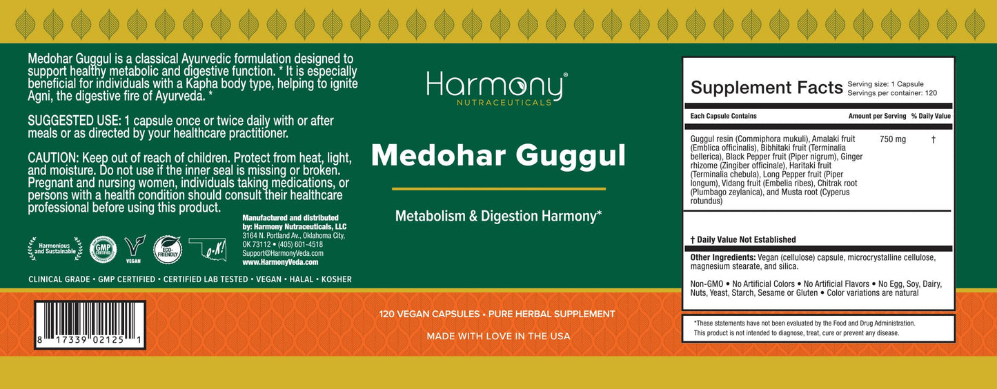 Harmony Nutraceuticals Medohar Guggul – Metabolism & Digestive Function Support – Traditional Ayurvedic Herbal Formula – Dr. Gumman’s Clinical Grade Capsules, 120 Count