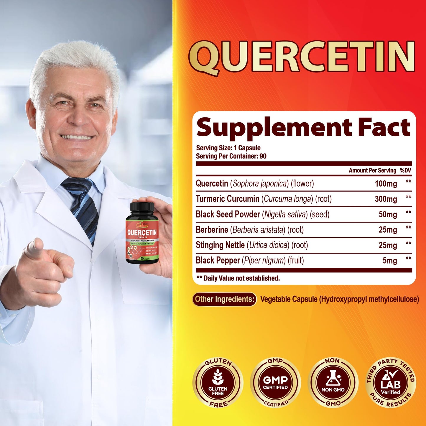 Organic Cadane Quercetin Extract Capsules 90 Count