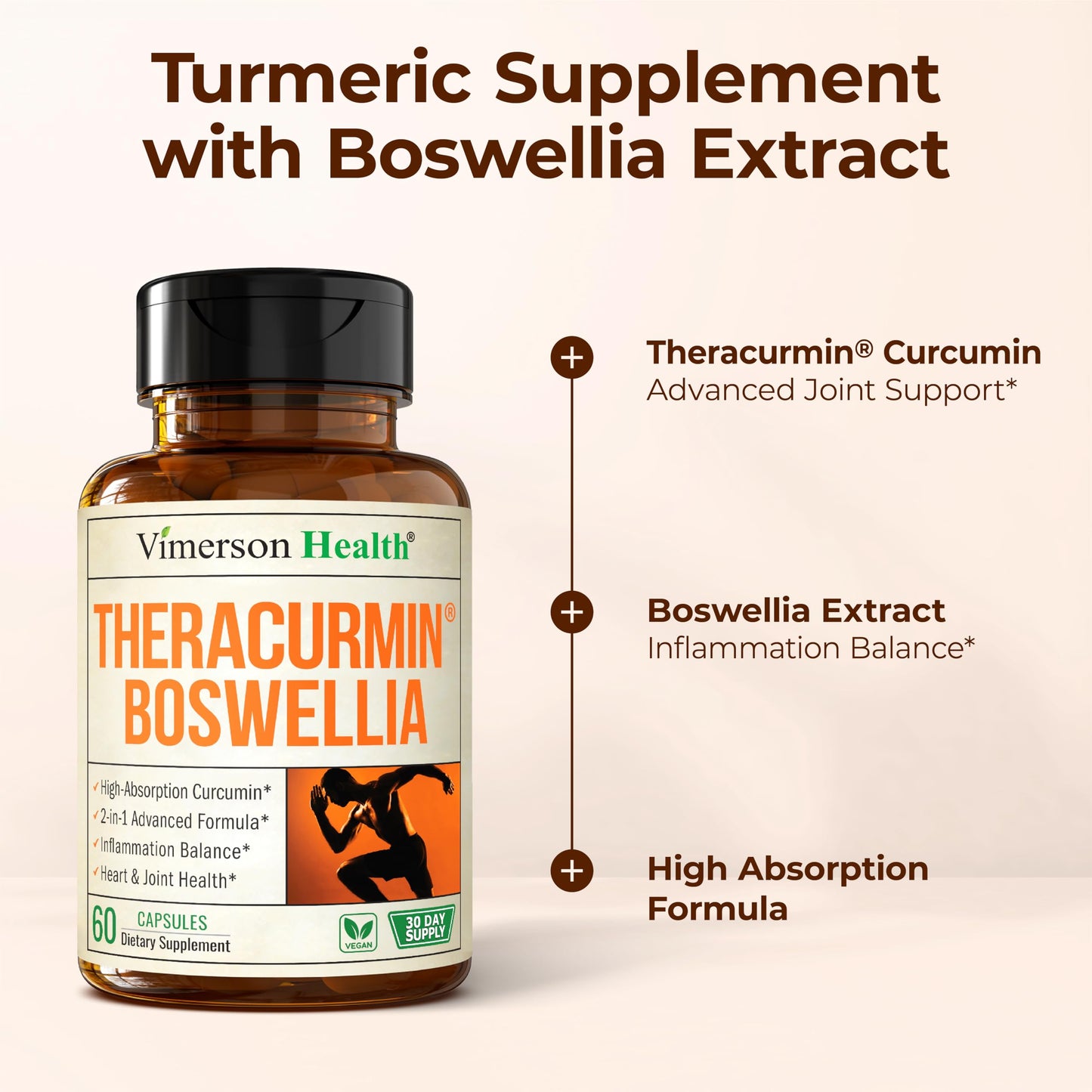 Vimerson Health Advanced Turmeric Curcumin Supplement for Joint Support & Inflammation – Enhanced Absorption Theracurmin 600mg with Boswellia Serrata for Mobility & Recovery – Vegan, Gluten Free, 60 Capsules