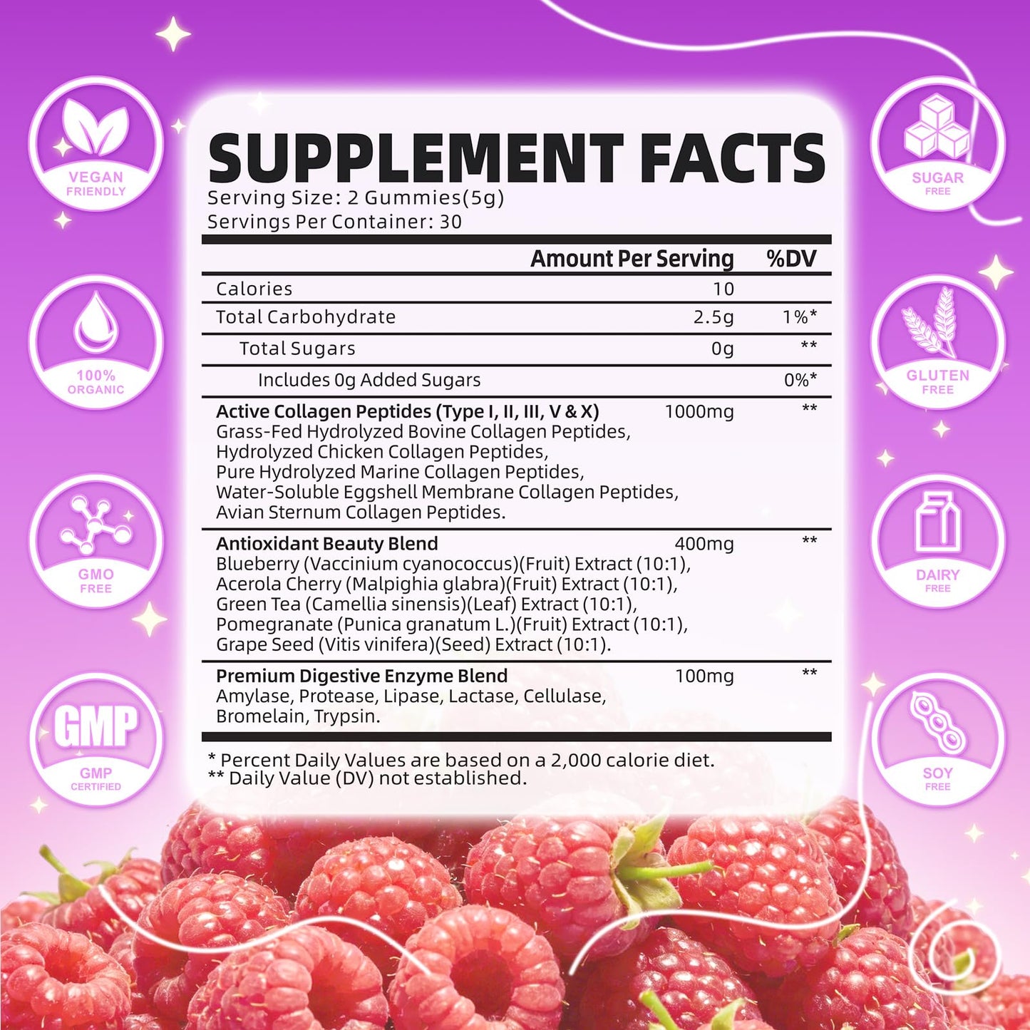 GrnLife Multi-Collagen Gummies Type I, II, III, V, X for Skin, Hair & Nails, Hydrolyzed Collagen Peptides, Sugar-Free Raspberry, 120 Count