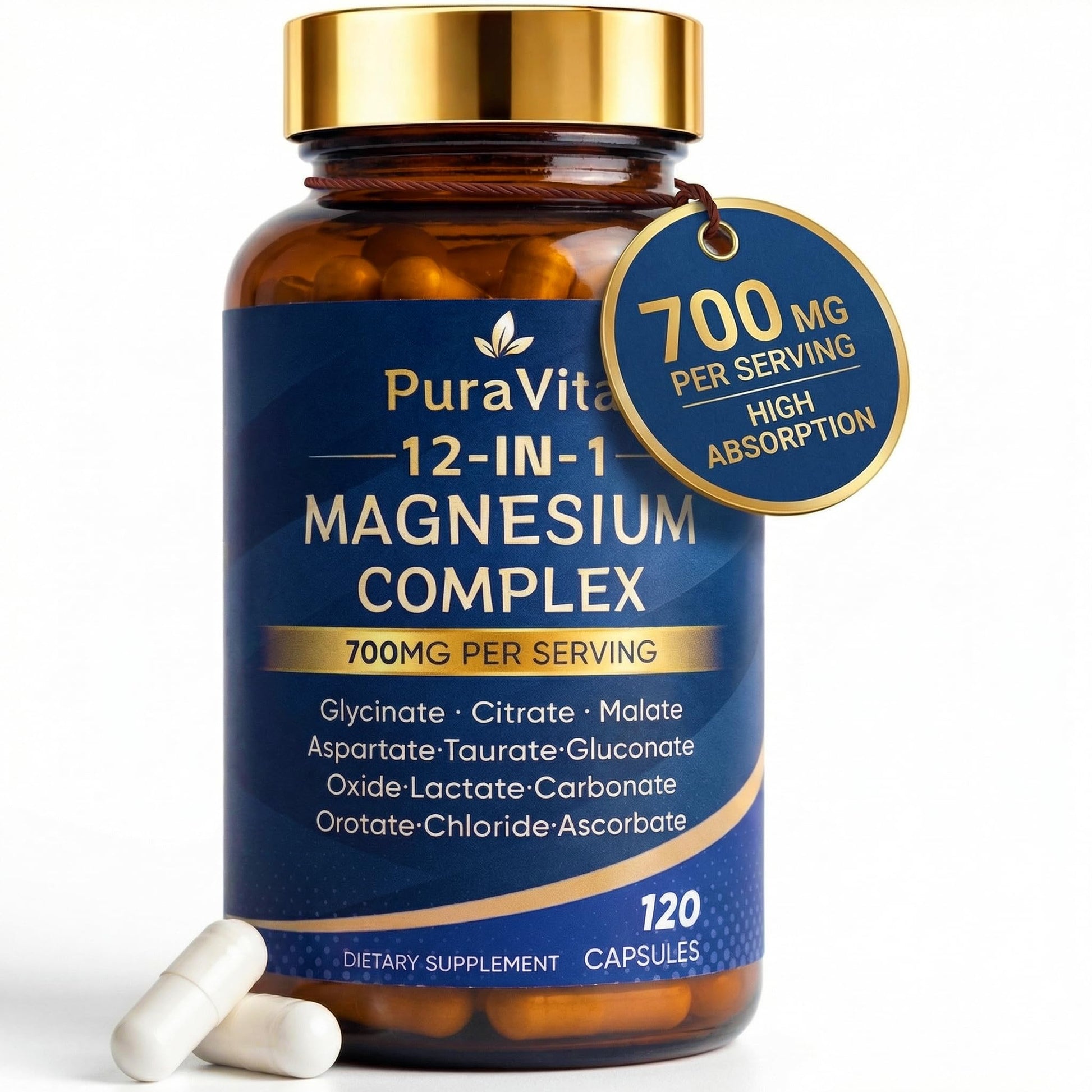 Puravita 12 in 1 Magnesium Complex Capsule, 700mg High Absorption, 120 Capsules