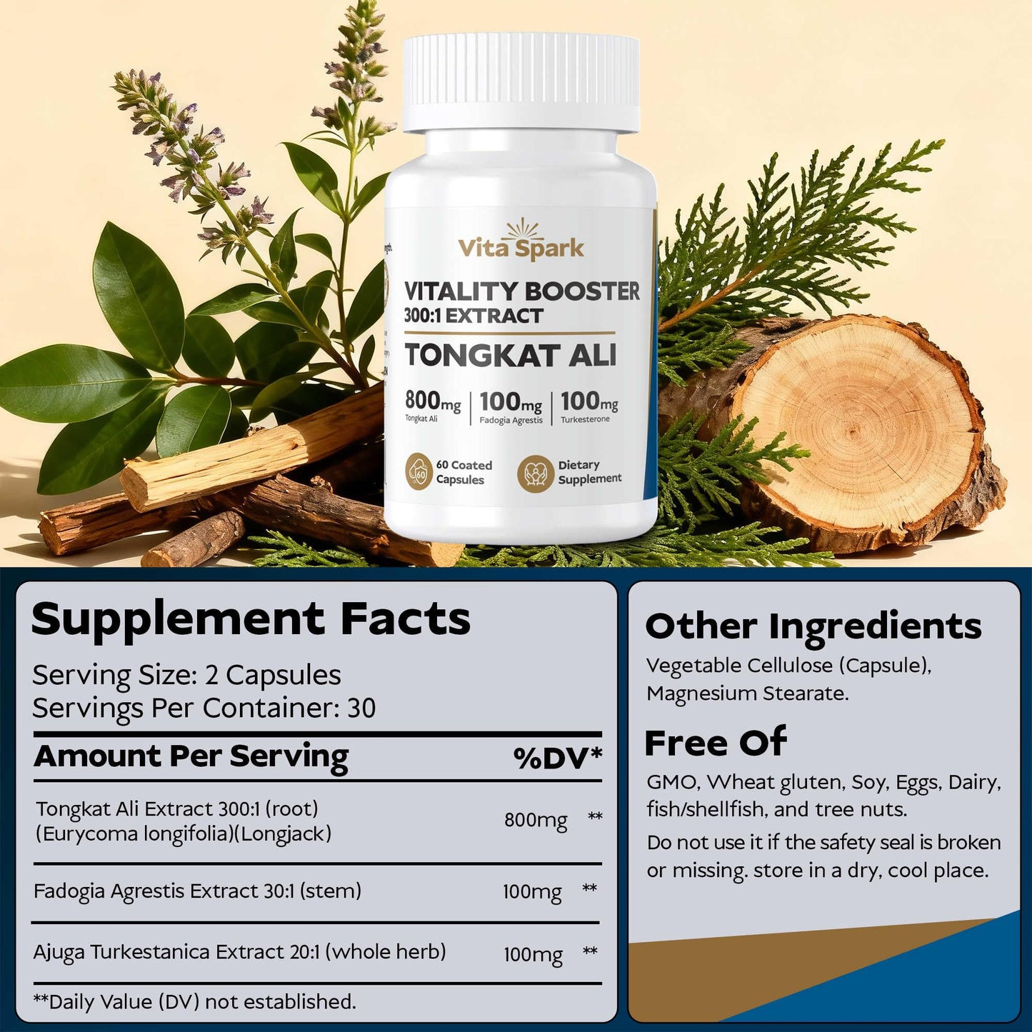 Vita Spark Tongkat Ali for Men - Longjack with Fadogia Agrestis & Turkesterone, 60 Capsules