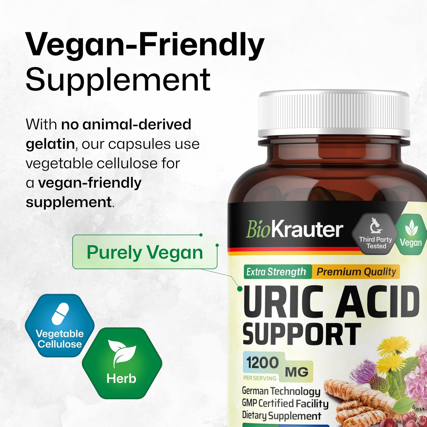 BIO KRAUTER 7-in-1 Uric Acid Support Supplement with Tart Cherry, Dandelion Root, Cranberry & Celery Seed – Herbal Kidney Support with Milk Thistle & Turmeric 1200 mg, 100 Capsules