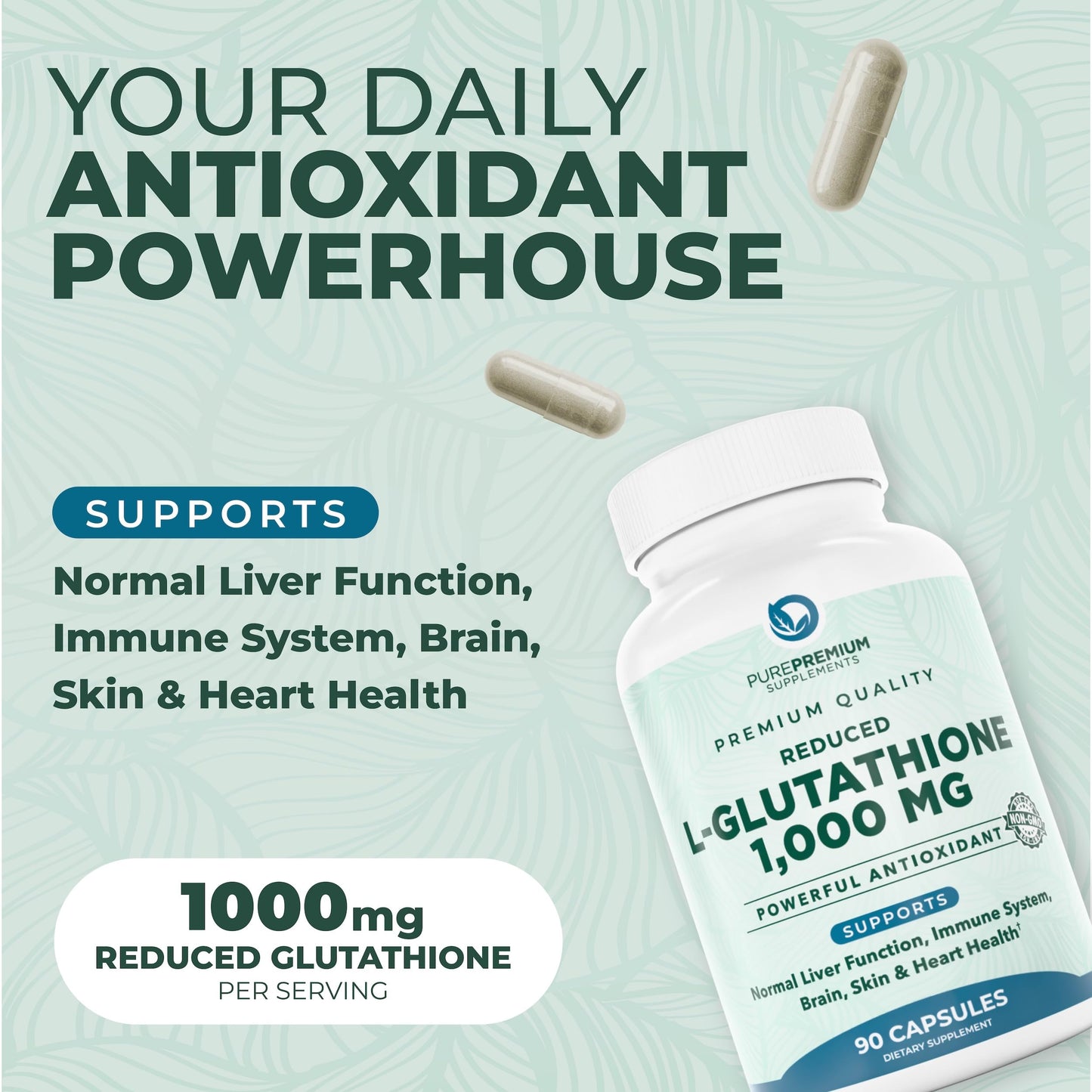 PurePremium Supplements Reduced Glutathione 1000mg per Serving – 98% Purity, 500mg per Capsule – Antioxidant Support for Liver Detox, Skin, Brain & Immune System, Capsule, 90 Count
