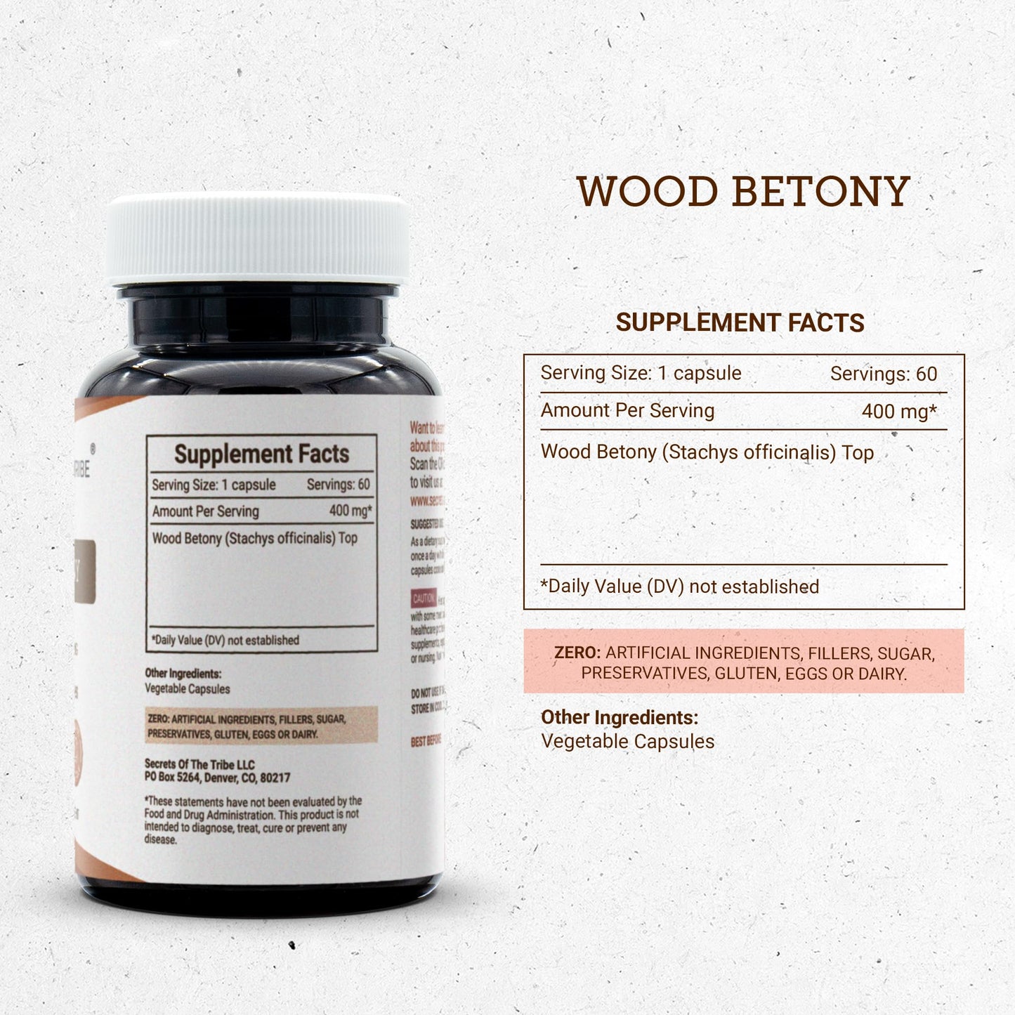 Secrets of the Tribe Wood Betony 400 mg Capsules, 60 Count