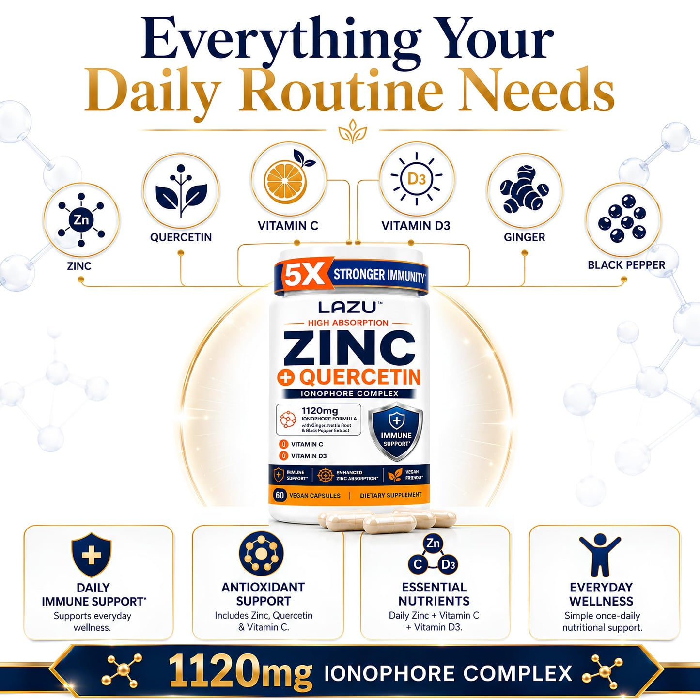 LAZU Zinc Supplements with Quercetin, Vitamin C & D3 Capsule, 60 Count