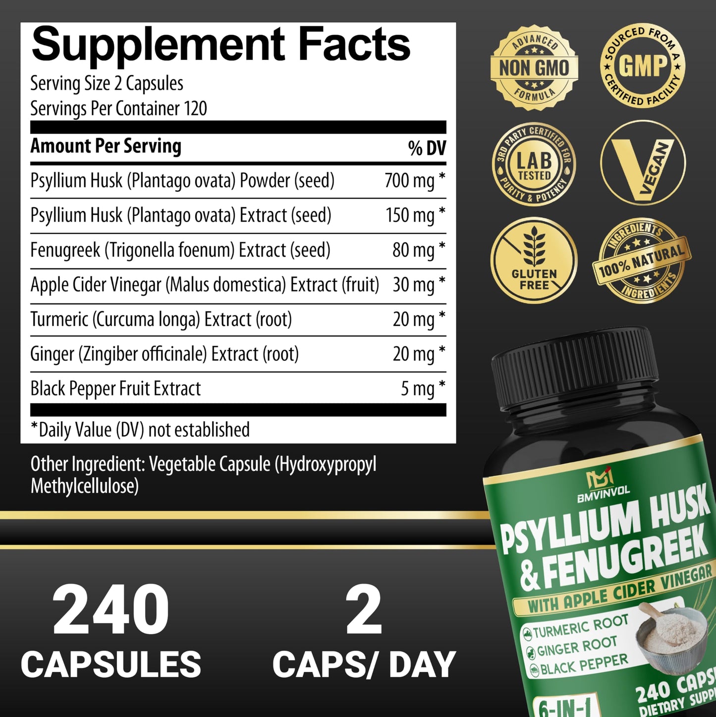 BMVINVOL 6in1 Psyllium Husk, Fenugreek, Apple Cider Vinegar, Turmeric, Ginger, Black Pepper Capsules, 240 Count