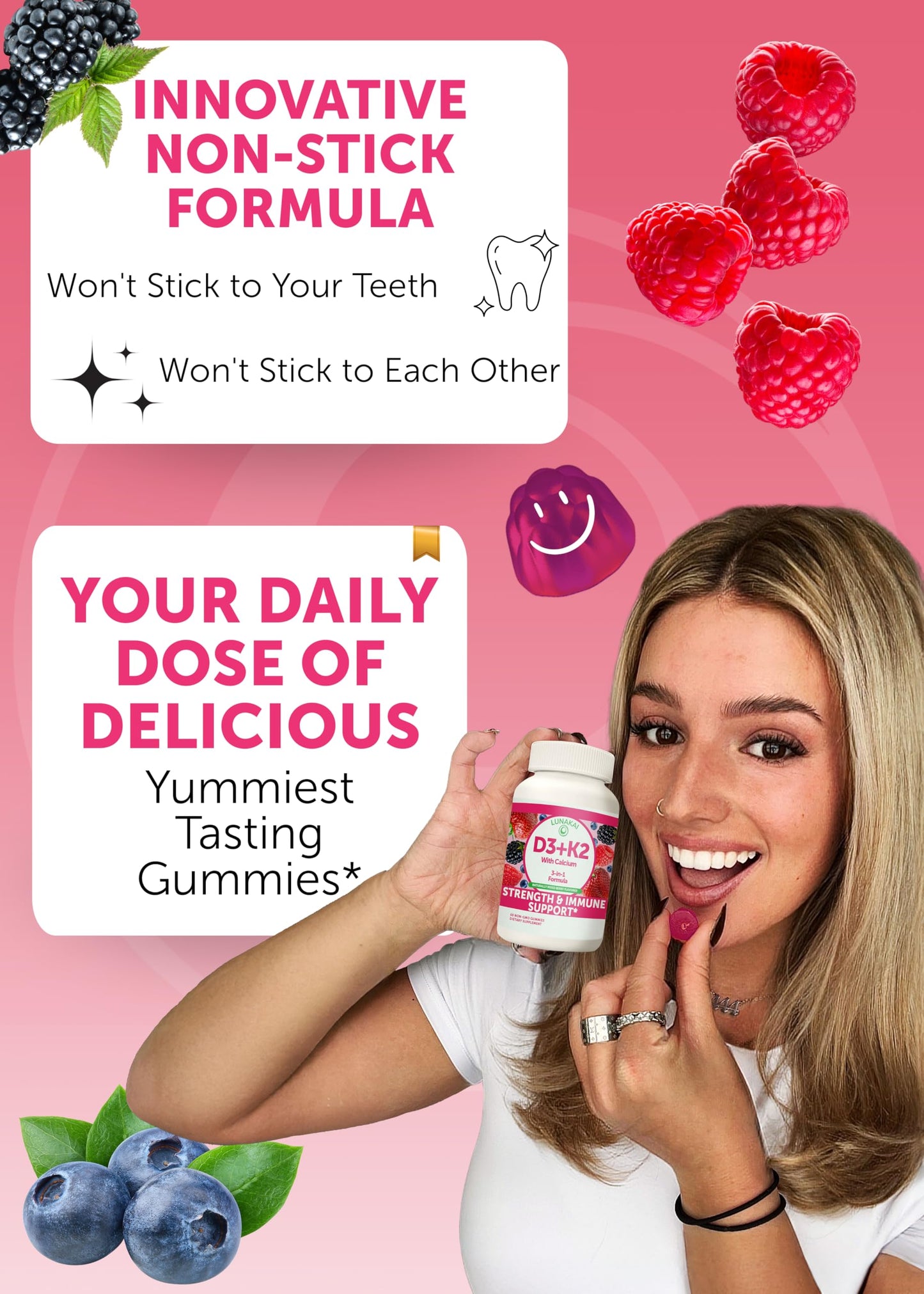 Lunakai D3+K2 with Calcium & Energy B12 Gummies, 120 Gummies