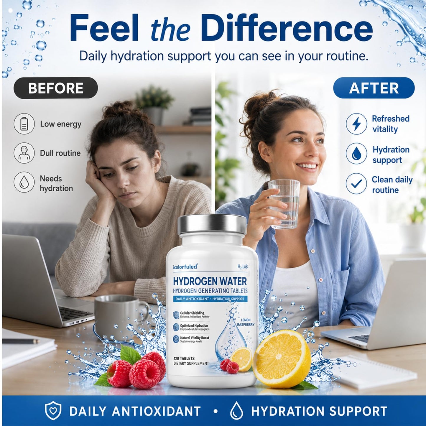 icolorfuled Hydrogen Water Tablets - for Energy & Vitality, Supports Brain & Cognitive Health, 120 Tablets