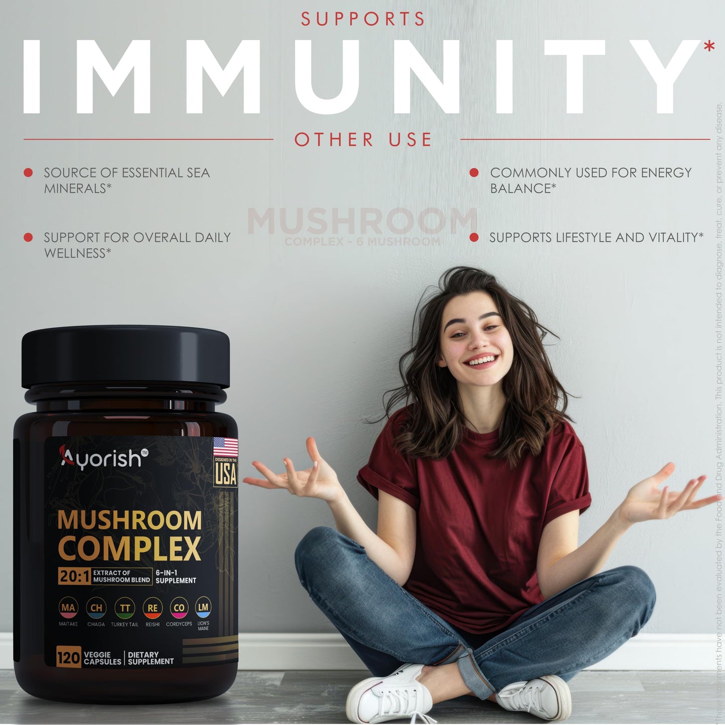 Ayorish Lions Mane 6 in1 Mushroom Supplement with Turkey Tail Reishi Cordyceps Chaga Maitake Meshima Poria Cocos Shiitake Oyster Porcini Enoki Capsule 120