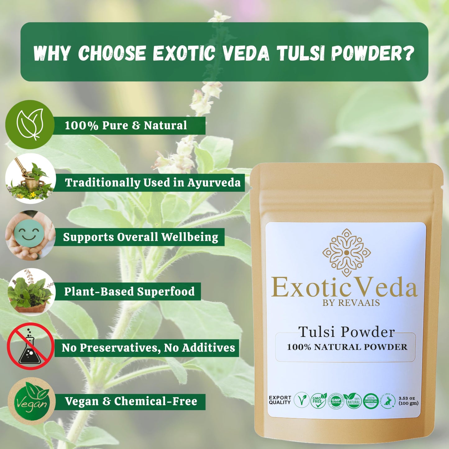 Exotic Veda Tulsi Powder (Holy Basil) Powder 3.53 Ounce