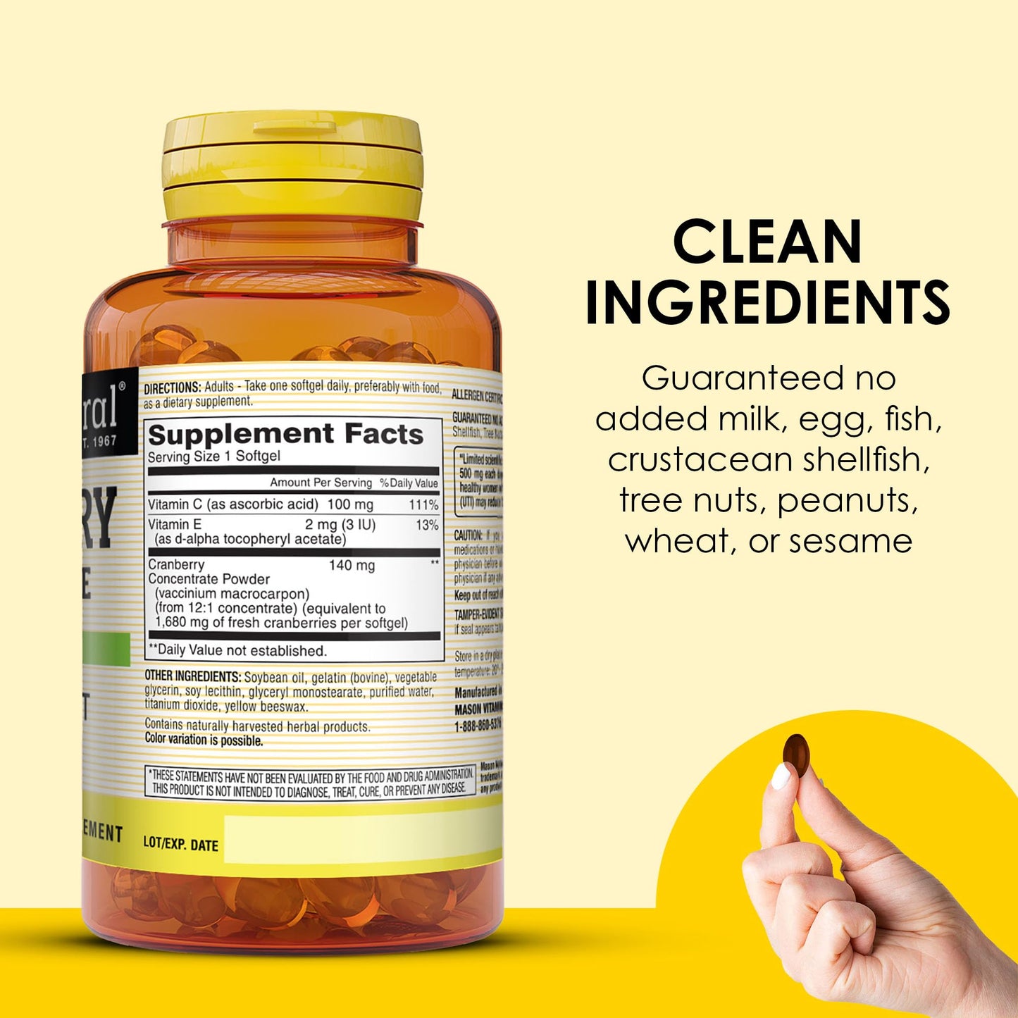 Mason Natural Cranberry 12:1 Concentrate with Vitamin C & E, Supports Immune & Urinary Health, 90 Softgels