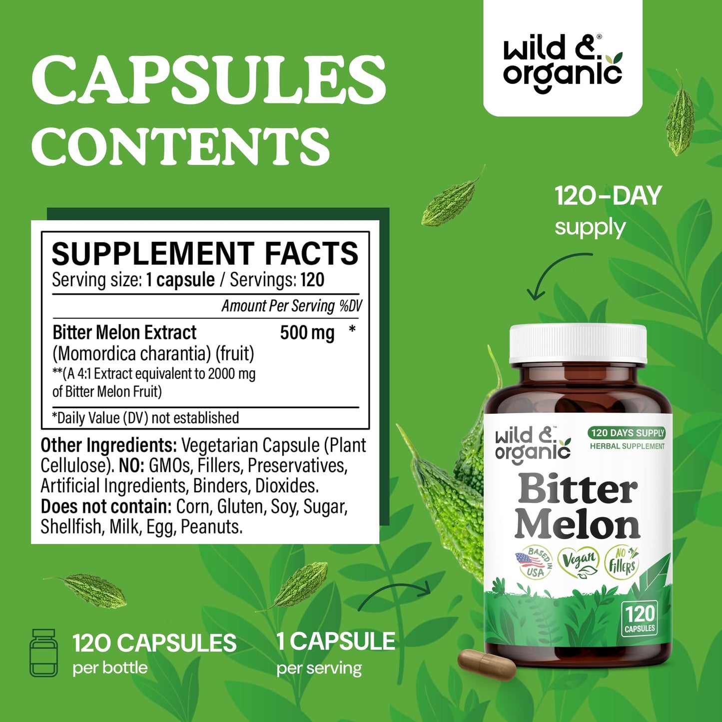 Wild & Organic Bitter Melon 500 mg Capsules, 120 Count