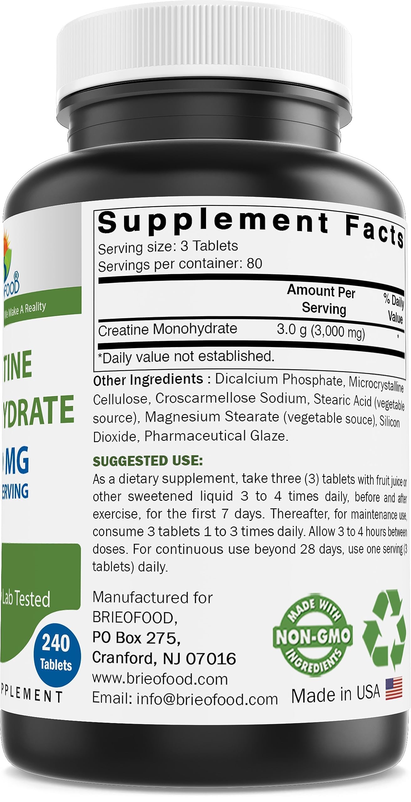 Brieofood Creatine Tablets 3000 mg per Serving, 240 Count