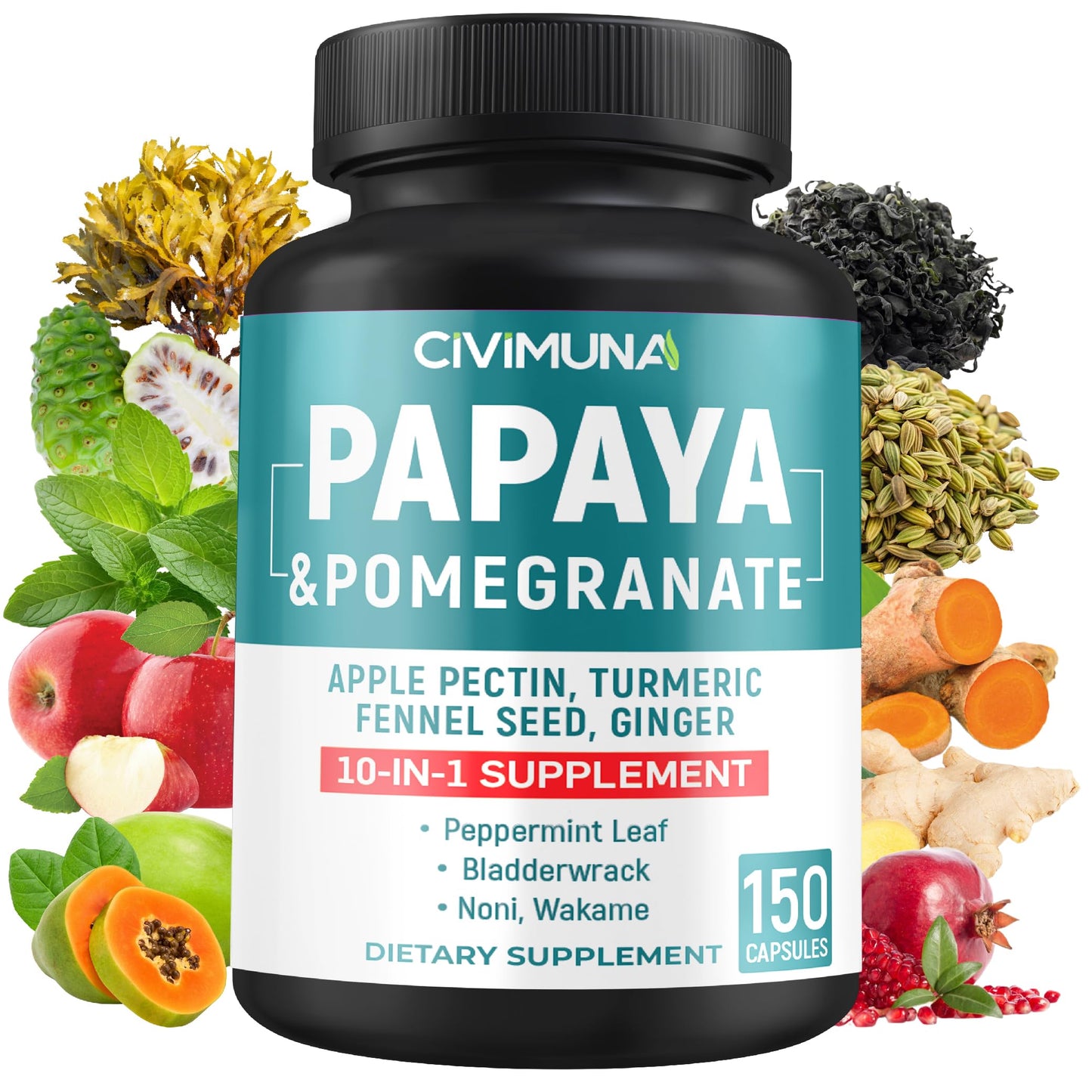 CIVIMUNA Papaya Capsules with Papaya, Pomegranate, Apple Pectin and More, 150 Capsules