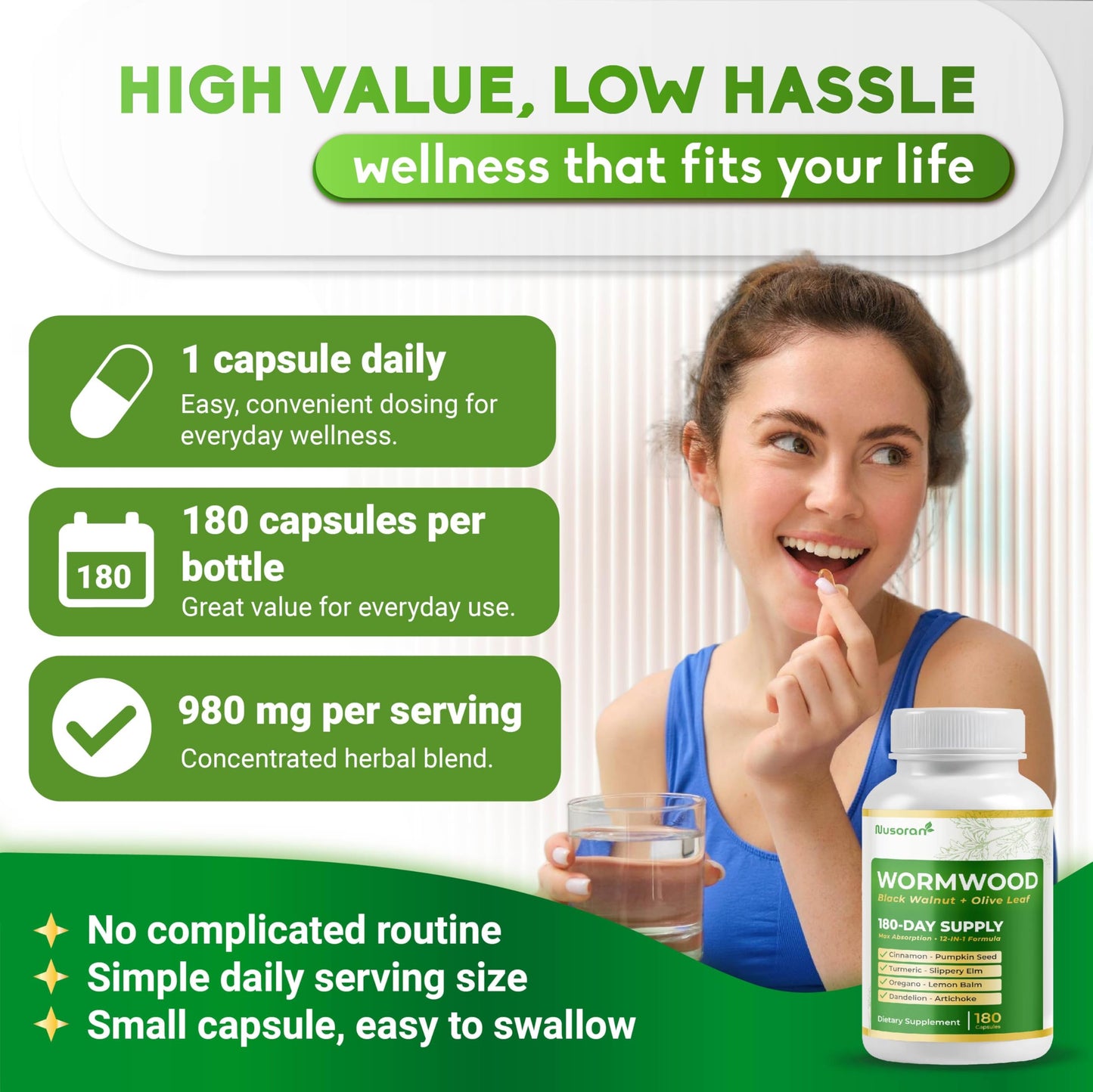 NUSORAN Premium Wormwood 12-in-1 with Black Walnut, Olive Leaf, Pumpkin Seed, Turmeric, Max Absorption, 180 Capsules