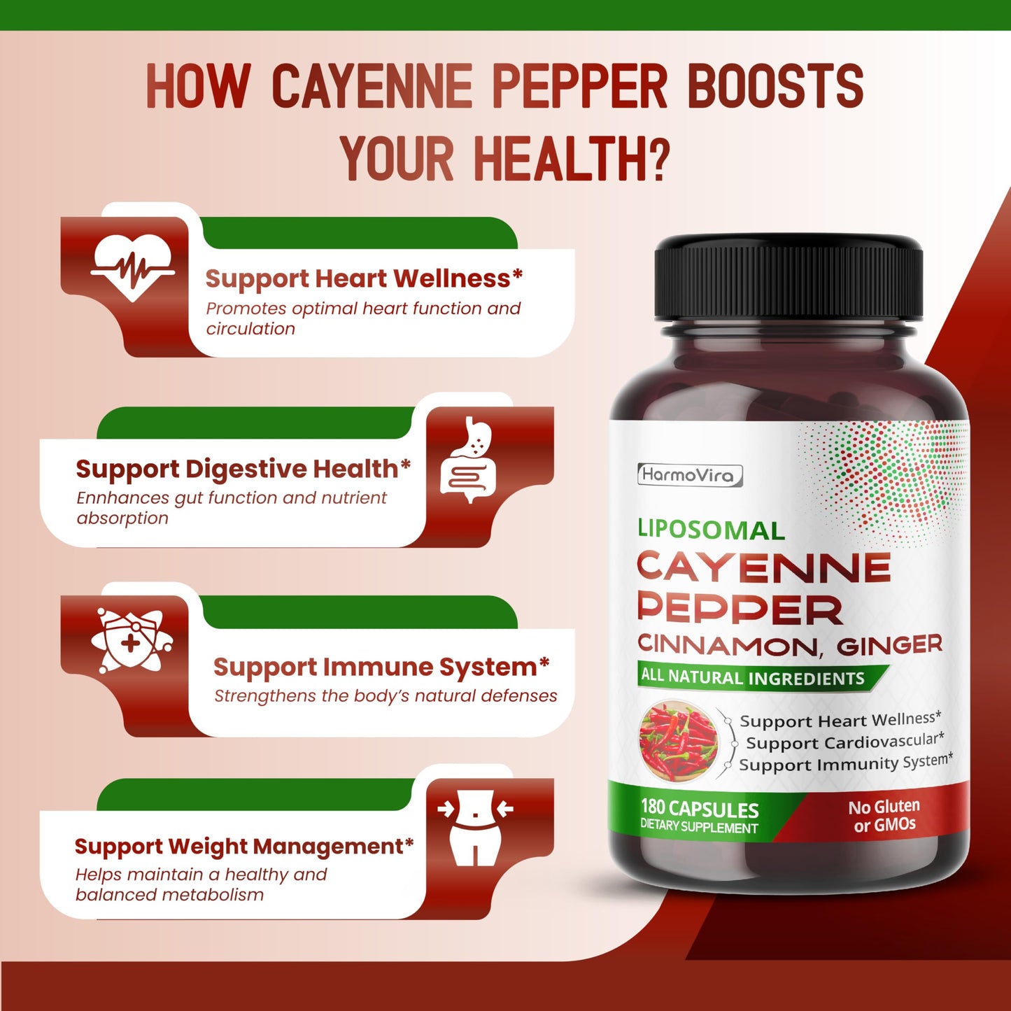 HarmoVira Liposomal Cayenne Pepper Cinnamon Ginger Capsule, 180 Count