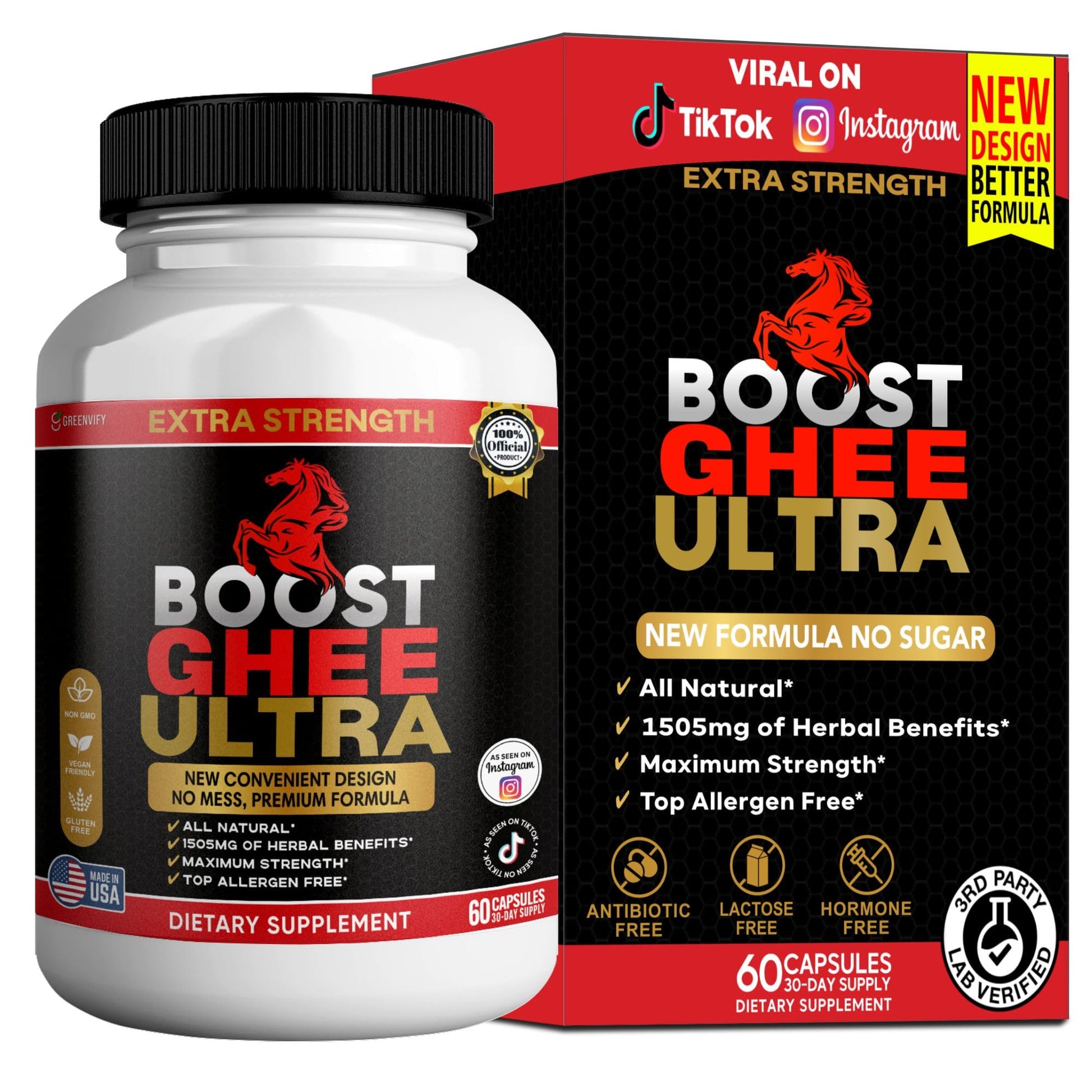 GREENVIFY Boost Ghee Ultra Extra Strength, Organic Maca Root Supplement, Black Red Yellow Maca, 60 Capsules
