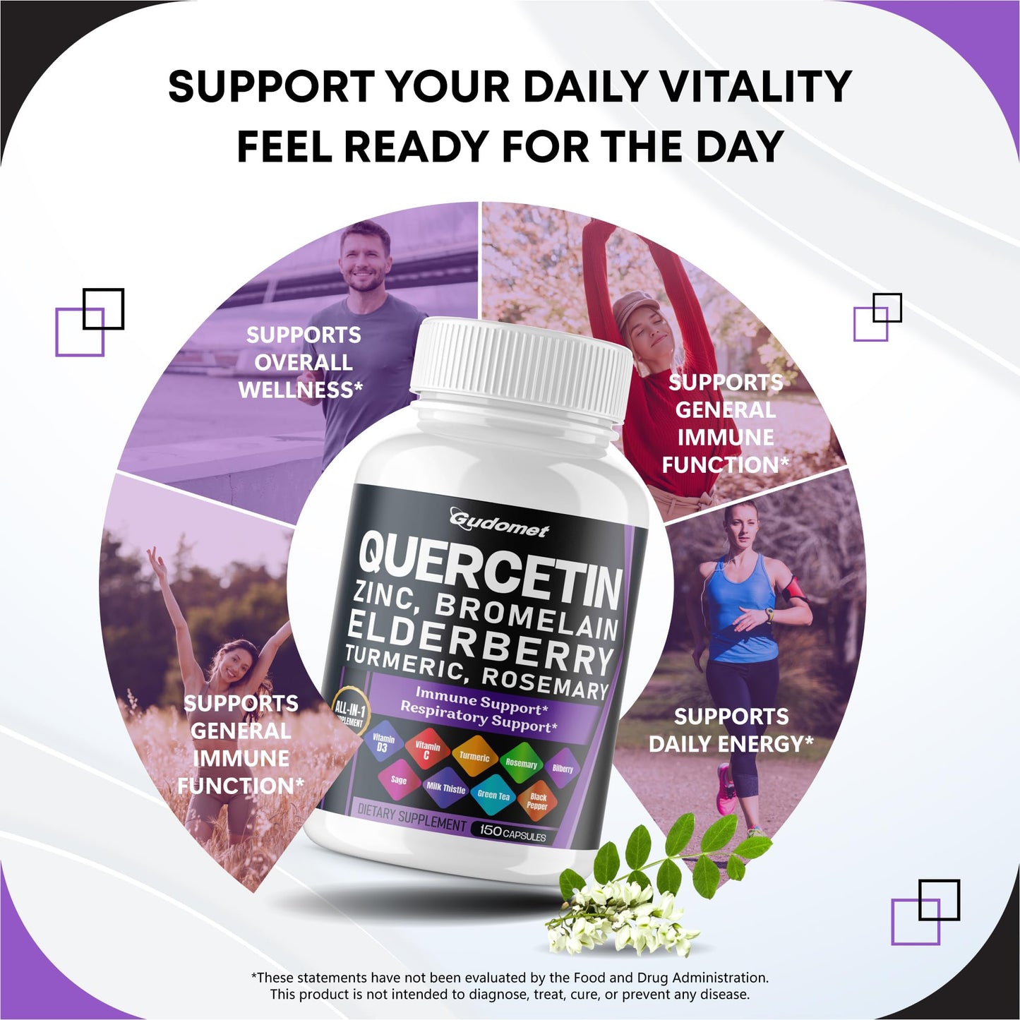 GUDOMET Quercetin Bromelain Zinc Vitamin D3 Elderberry Turmeric Rosemary Bilberry Sage Odorless Garlic Green Tea Milk Thistle Oregano Capsules, 150 Count