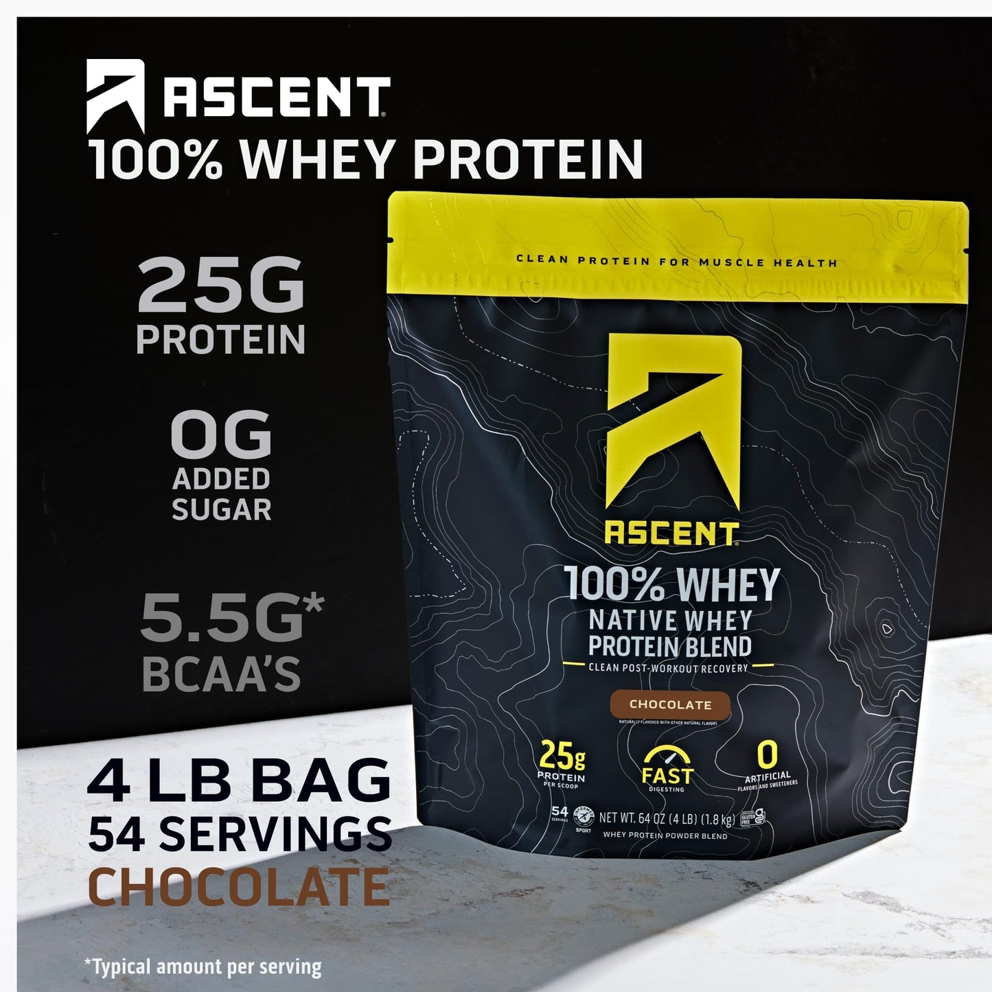 Ascent 100% Whey Protein Powder - Post Workout Whey Protein Isolate, Chocolate, 64 Servings