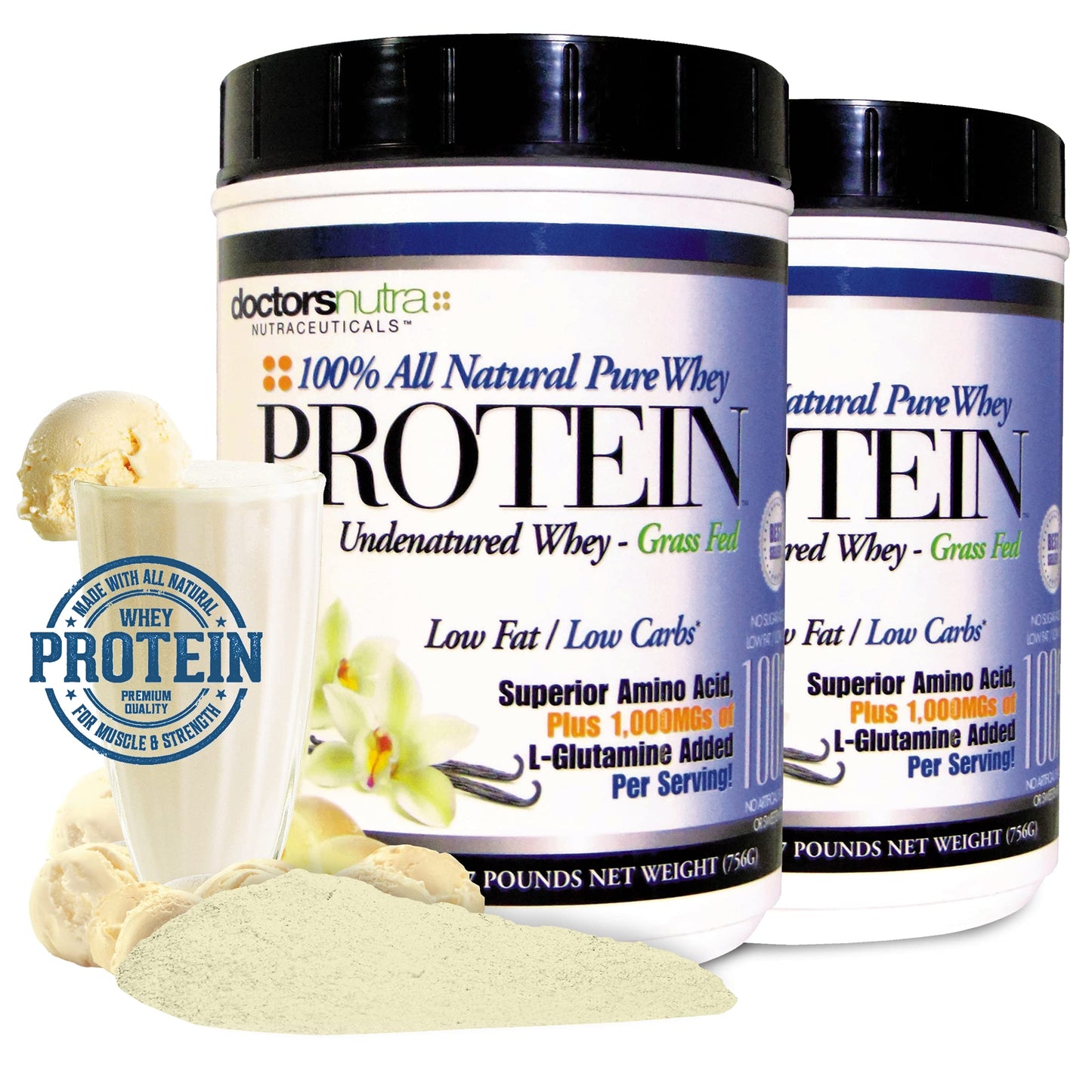 Doctors Nutra Nutraceuticals 100% Pure Undenatured Grass Fed Whey Protein Powder Rich Vanilla Flavor Ultrafiltered with 1000 mg Added L-Glutamine, 2 lb, 32 Servings