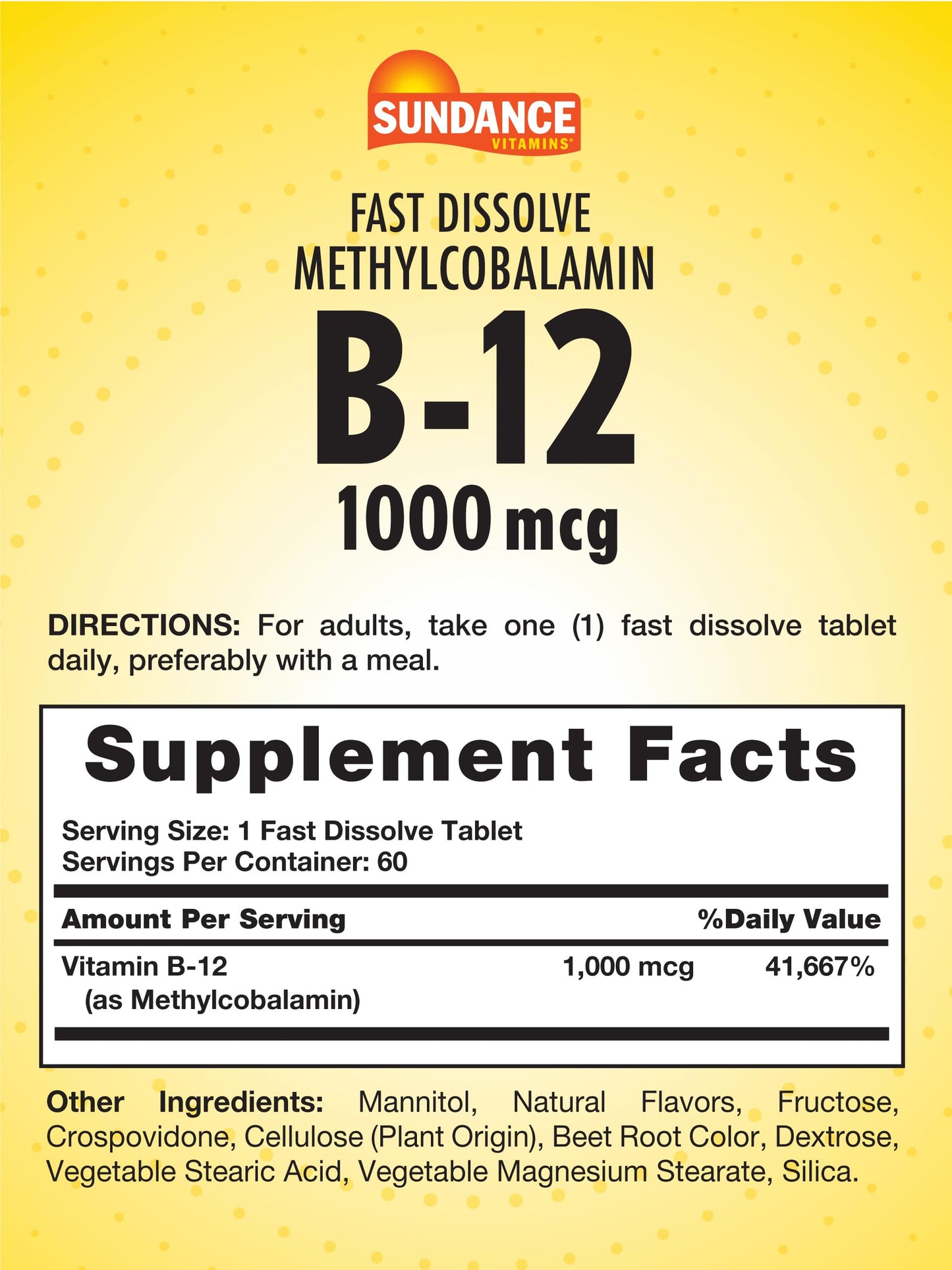 Sundance Vitamin B12 1000 mcg Methylcobalamin Tablets, Fast Dissolve, 60 Count