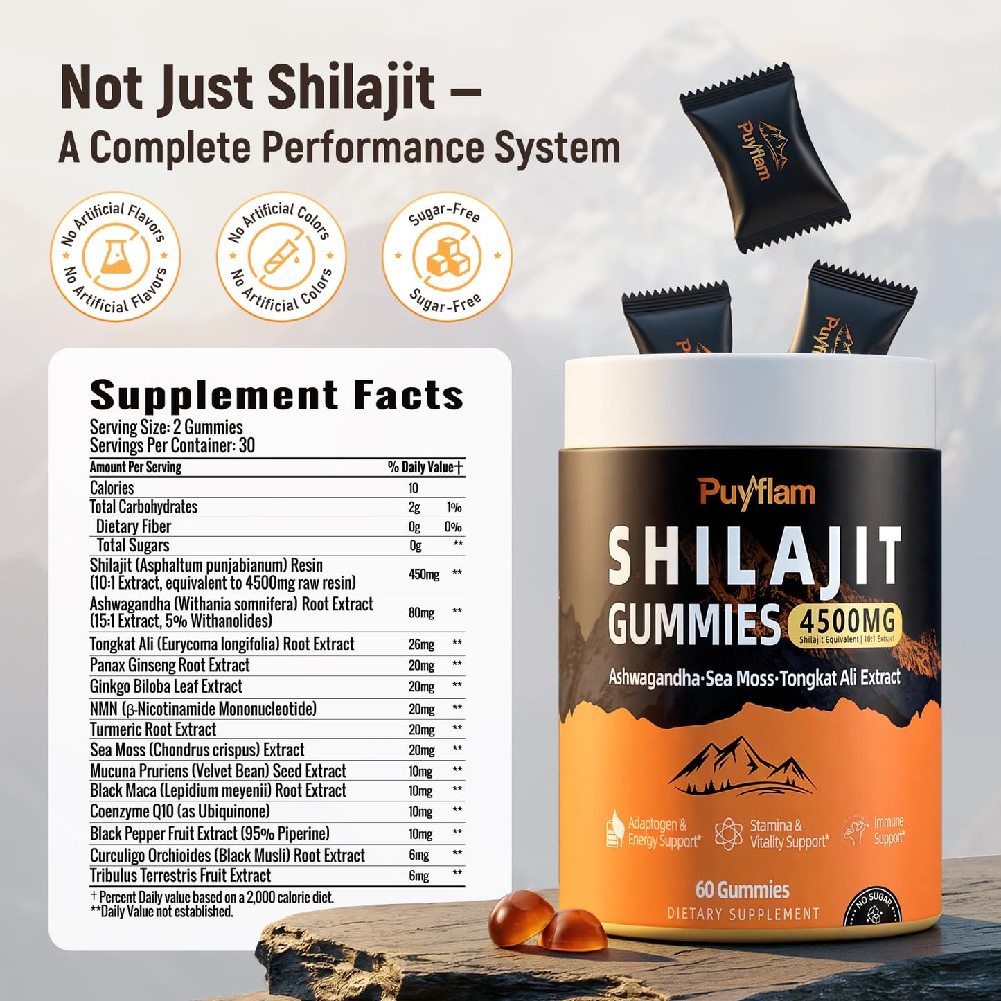 Puyflam Shilajit Gummies 4500mg – 14-in-1 Himalayan Shilajit for Men with Ashwagandha, Tongkat Ali, Black Maca, CoQ10, NMN & Turmeric, Natural Energy, Stamina & Vitality Immune Support, 60 Gummies