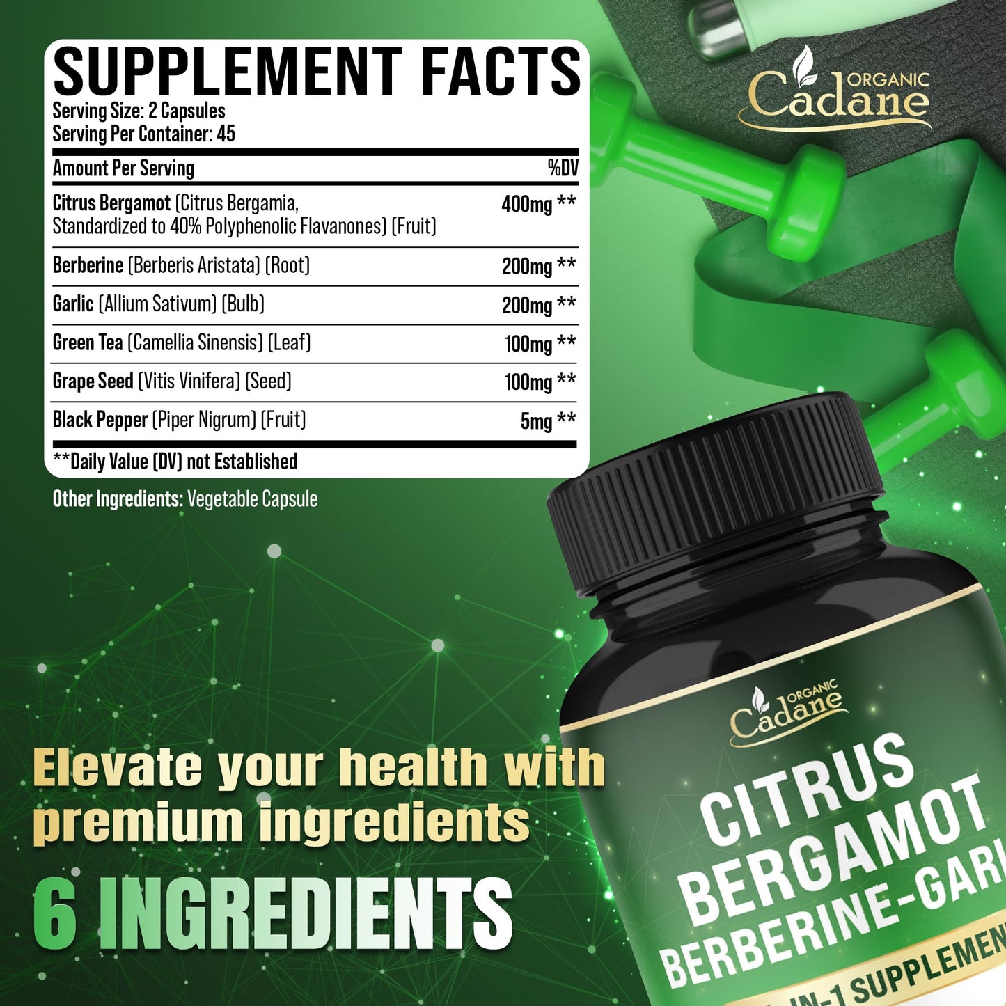 Organic Cadane Citrus Bergamot Supplement with Berberine, Garlic, Green Tea, Grape Seed & Black Pepper 90 Capsules